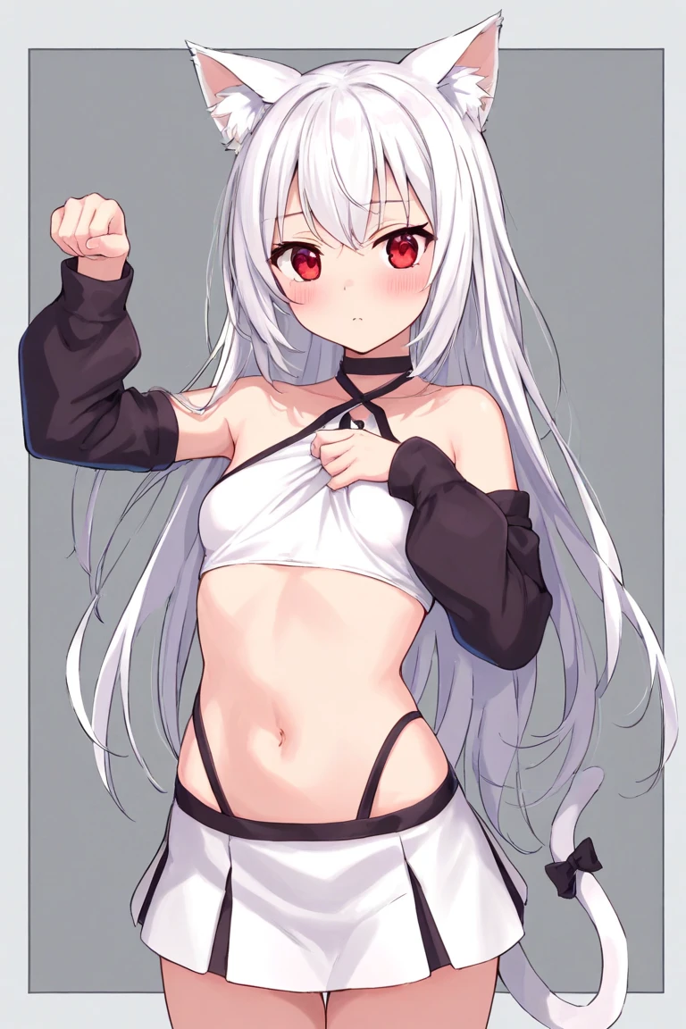 1girl, white hair, red eyes, navel, looking at viewer, hand on hip, black jacket, dolphin shorts, groin, (white shirt:1.2), braid, very long hair, wide hips,
underboob, shirt,
big\(BodyProportions\),
