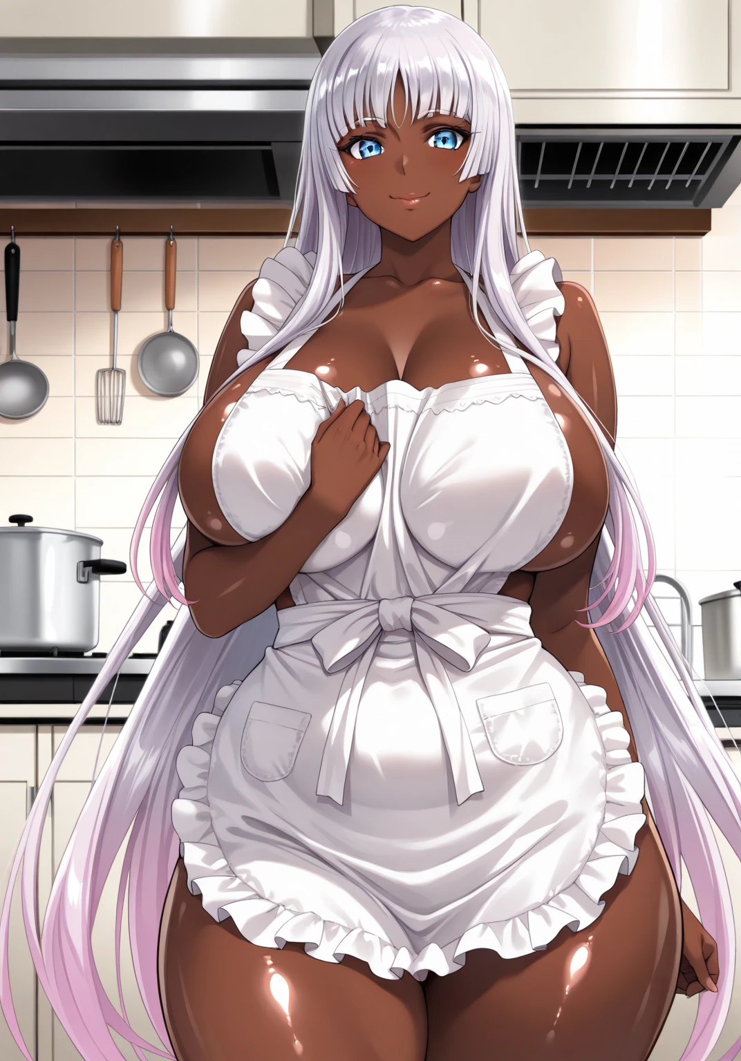 (((Solo))) 1girl, ((dark skin)) long grey hair, facing camera, white eyes, stockings, elf ears, wearing white apron, cooking, large chest, showing cleavage, in a kitchen, beautiful eyes, detailed hands, full lips, best quality, (curvy)