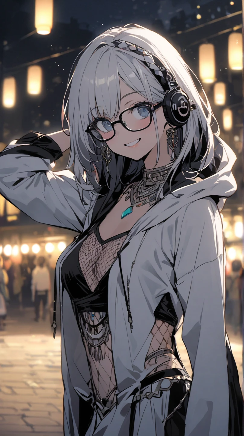 ((1girl)), one beautiful girl, detailed beautiful hair, detailed beautiful eyes, long white hair, small breasts, glasses, loose unzipped leather jacket, black bra, jean shorts, record store, records, vinyl, open door, open window, evening, nighttime, night, city lights, rain, soaking wet, standing, cowboy shot, cinematic lighting, dramatic lighting,