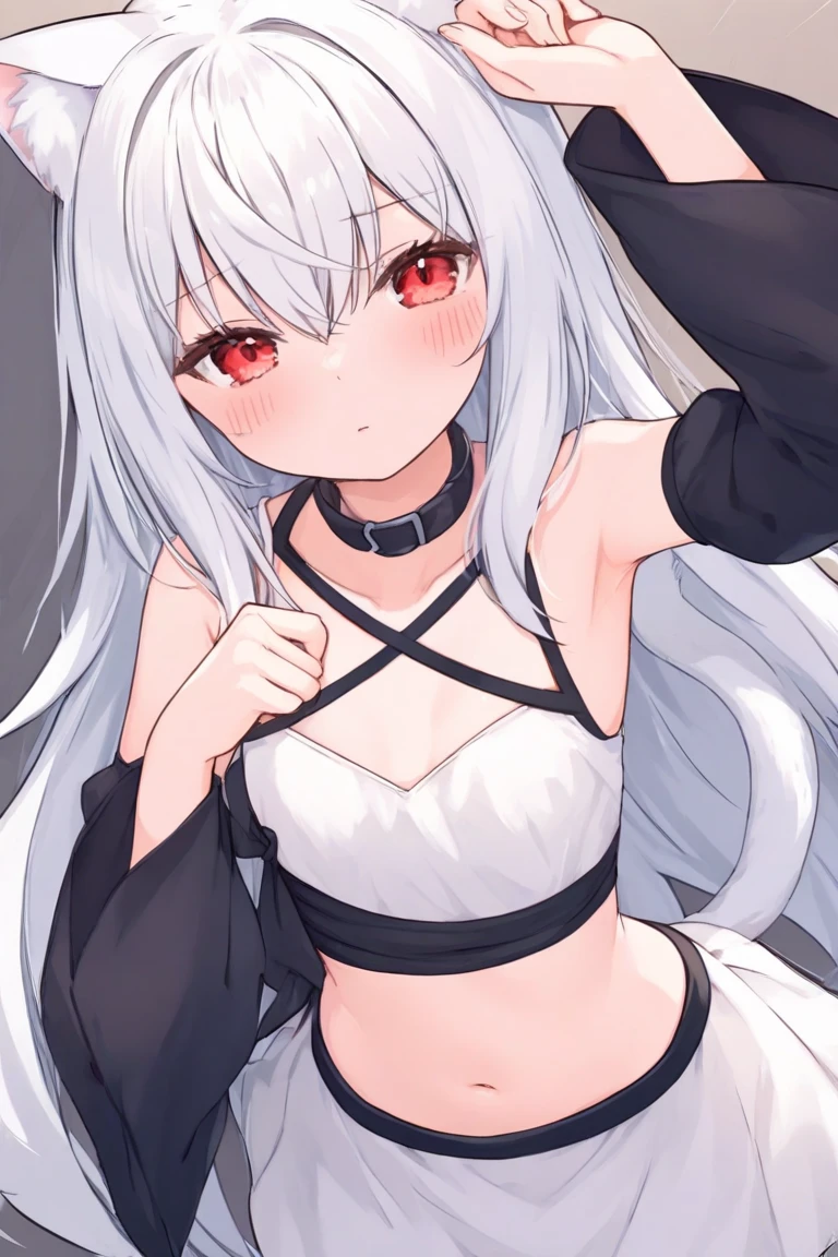 One Girl、Gray Hair、Long Hair、Straight Hair、Red eyes、Embarrassed、blush、Big Breasts、valley、Black Background、Yandere、Insanity、Composition from below、Palpitate、Excited、Take off your clothes