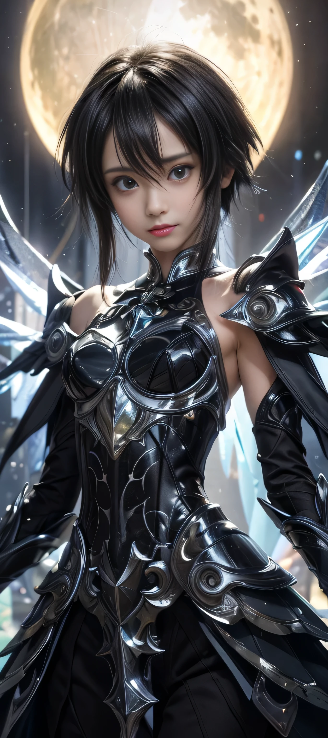 masterpiece, best quality, (realistic,photo-realistic:1.4), (RAW photo:1.2), extremely detailed CG unity 8k wallpaper, delicate and beautiful, amazing,finely detail, official art, absurdres, incredibly absurdres, huge filesize, ultra-detailed,extremely detailed eyes and face,light on face,asada shino,(little smile),(black hair:1.4),(very short hair:1.5),sidelocks,moon background,(god cloth:1.5) ,(sidelocks:1.3),(crystal armor:1.3)