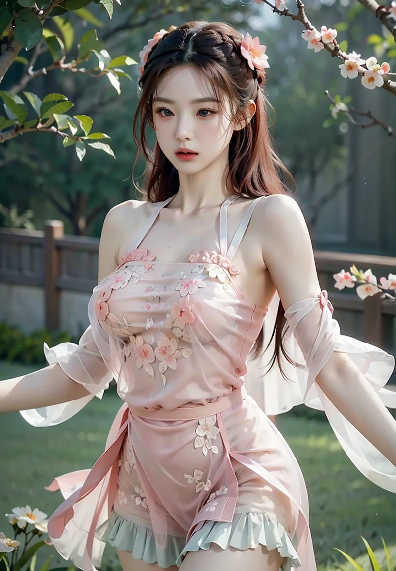 Proportional coordination,Lying on muddy ground,Spread your legs to the sides,Exposes the at the base of the thigh,female genital,full bodyesbian,high-heels,(tmasterpiece:1.2,best qualtiy),realisticlying,(Real pictures,Complicated details,depth of fields),(1girll,独奏),highly details,(gigantic cleavage breasts:1.4),long whitr hair, blackigeyes, (((Beautiful woman spreading her legs in pink openwork off-the-shoulder wedding dress,Expose the genitals))),Reveals a slender waist,There is a waistcoat line at the waist,weeping,aggrieved look