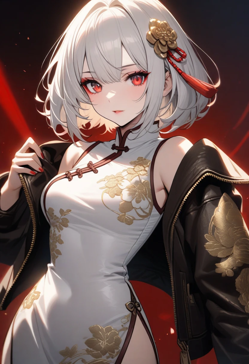 Half body, a girl,white hair,short hair,Black cheongsam,sleeveless,Delicate arms,Chinese style,Half body,hand holding red paper,The background has Spring Festival elements
