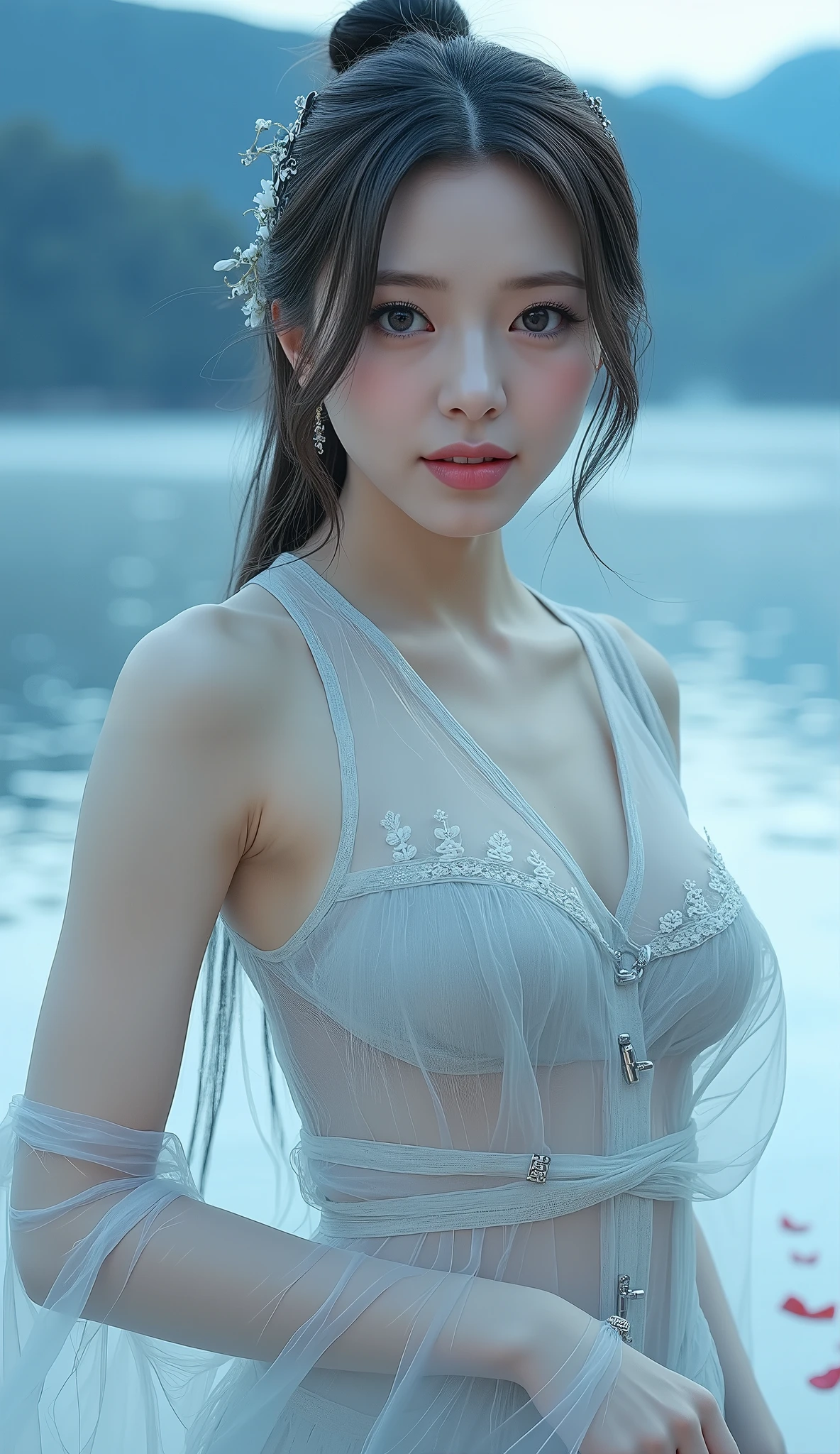 gufeng,bare shoulders,best quality,masterpiece,ultra high resolution,Clear face,(realism:1.4),original photo,cold light,woman wearing transparent clothes underwater,full body image,wallpaper anime blue water,Gurwitz-style artwork,water magic closeup fantasy,author:Yang Jie,Gurwitz,A beautiful artistic illustration,Water Nymphs,Beautiful digital artwork,Beautiful digital illustration,Li Song,A beautiful anime character;Art style,((cardigan,Big boobs))