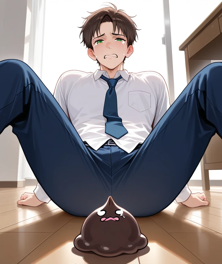 nsfw, (shota:1.6), naked, (small:1.3) penis, foreskin, (((erection))), ((best quality)), ((masterpiece)), testicles, (cerebral palsy:1.6), ((lack of fingers)), (masturbation:1.5), (handjob), (drooling:1.3), (((fragile))), ((spiked hair)), wine red eyes, ((rased arms)), spread legs, raised arms, paralysis fingers, black hair, (sweaty:1.3), (((cum penis))), (((lying down on wheel chair))), wheel chair, wood floor, (crying), (earings), ((scissor feet)),