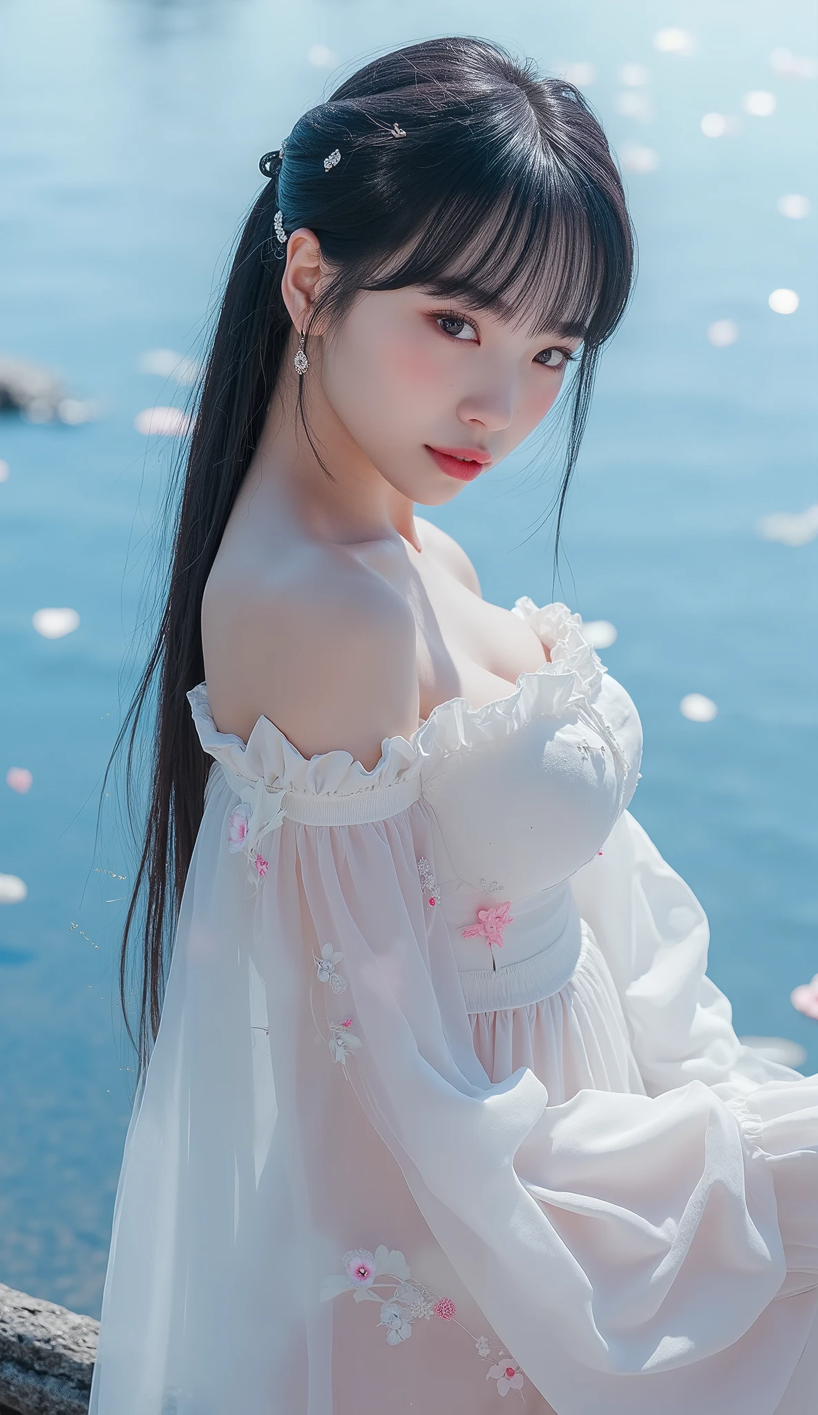 miansha,veil, (masterpiece, best quality:1.2), 1girl, solo, ((bare shoulders)), (actual:1.37), ((lying on a beach)), ((Bird&#39;s eye view shot)), Sweet maiden, beautiful妆容, Exquisite makeup, Extremely beautiful eyes, long hair, curls, slim body, big breasts, cleavage, Sexy slender legs, The skirt is short, Leaking sexy legs, elegant posture, best quality, correct, correct的手, correct的腿, 解剖学correct, official art, complex, detail的脸, detail, lifelike, Very detailed, amazing, beautiful, Young and energetic, Charming model, Meticulous CG Uniform 8k wallpaper