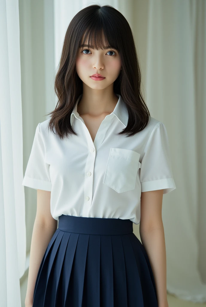 masterpiece, Highest quality, 8k, 20 years old beautiful girl, perfect Face、The clothes are big、photo shoot, Cute Face, Thighs, Bright classroom,  (((Embarrassing)))、Embarrassing、No makeup, 10 generations, Detailed face, Background Blur、Tight waist、((((School uniforms、White shirt、Checked traight hair、Light brown hair、(((Please lift up your skirt sadly)))、Bright classroom、Thighs、((Apparently it&#39;s him&#39;I am going to cry))、