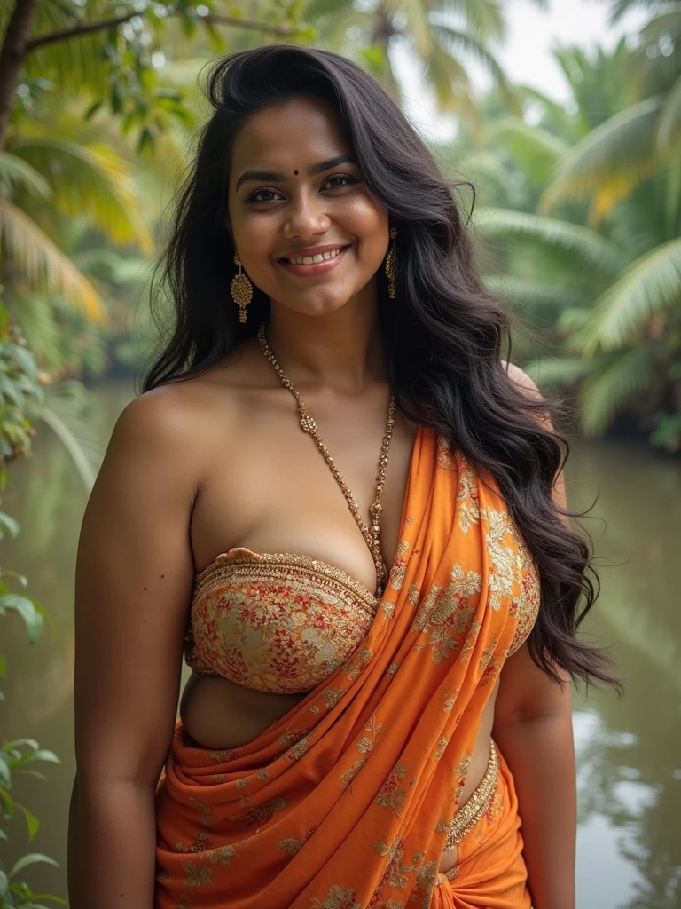 close up photo of 30 years old pooja hegde, grabbing a huge penis, in a dense forest, swooping breasts, deep cleavage, look at camera, nude, French braid hair, 4K, HD