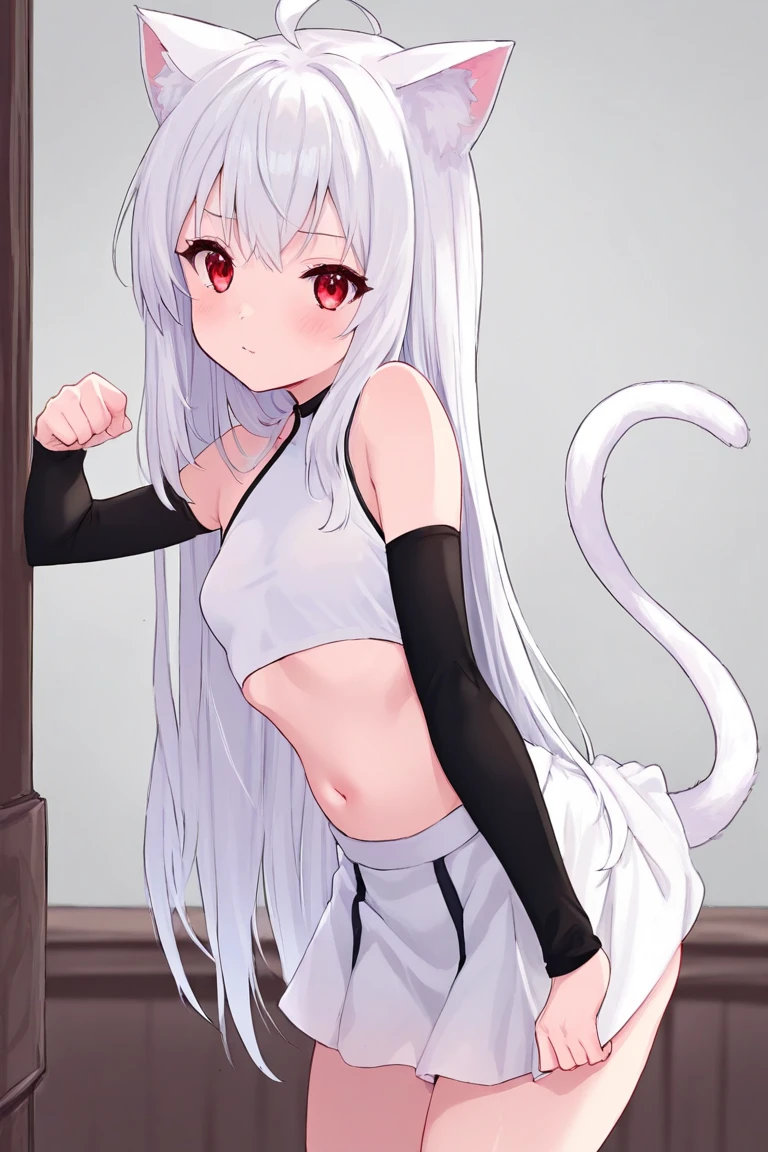 1girl, short hair, white hair, twintails, purple eyes, choker, small breasts, flat chest, side view, from the side, cropped hoodie, cat ears, cat tail, Black leggings, black yoga pants, slim waist, skinny, ribs, anorexic, indoors, dance studio, best quality, arms up, hands up,
