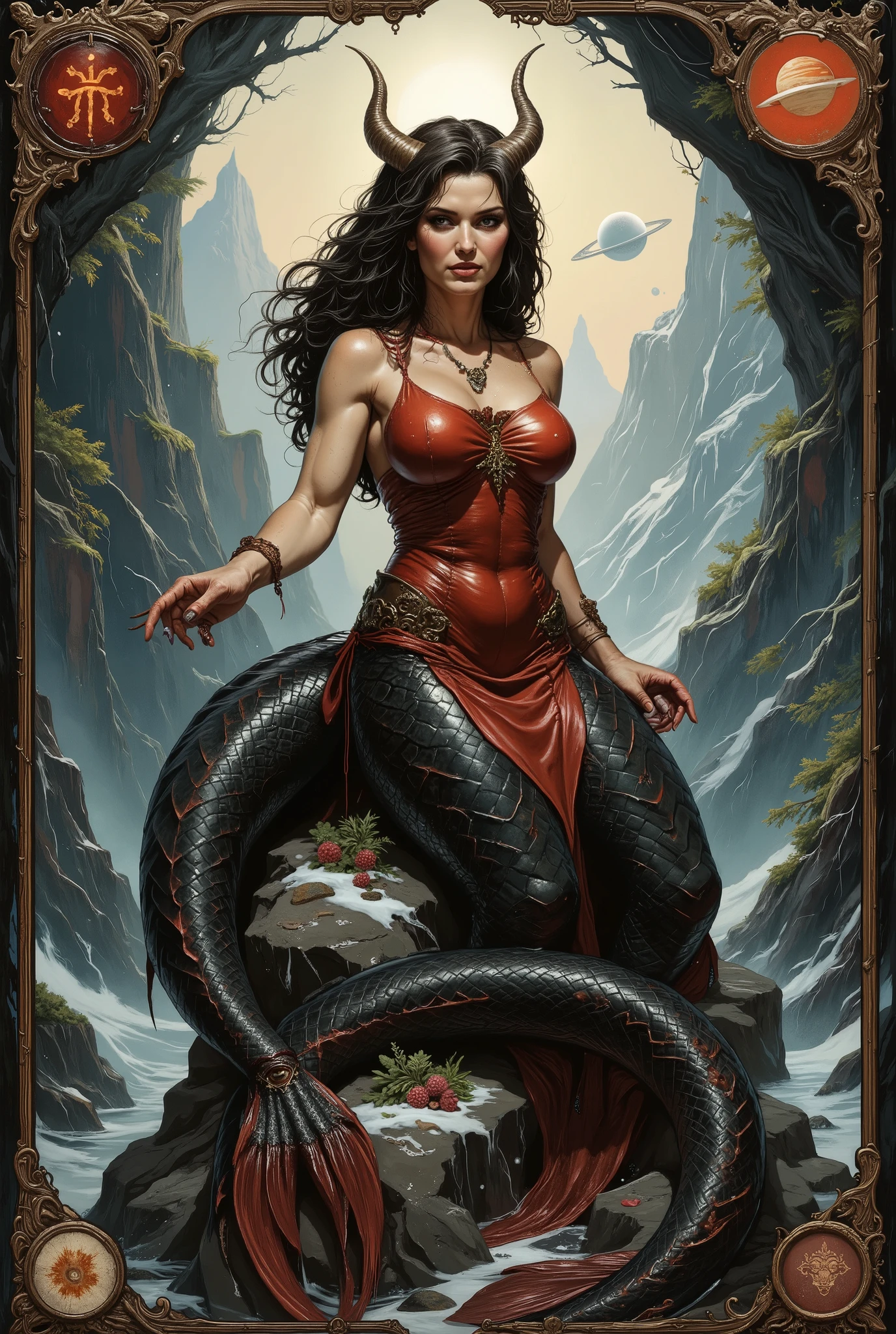 A powerful and elegant personification of the Capricorn zodiac sign (♑), depicted as a mystical woman seated atop a sharp, ancient rock formation. She is the embodiment of the Earth element — grounded, wise, and unshakable. Her long, graceful body transforms into a dramatic mermaid-like tail, colored in deep crimson red and black, shimmering like volcanic obsidian and embers. The tail coils behind her with flowing fins, adding motion and power.
Her upper body is poised and confident, feminine and graceful, with a strong gaze and sharp, determined eyes. She wears tall, textured goat horns on her head — curved and majestic like mountain peaks. Her hair is long and wild, blending black and wine red hues, flowing like wind through the pine-covered cliffs.
Around her and on her attire are symbolic plants: pine branches, rosemary, winter flowers like hellebore and lavender woven into decorative Art Nouveau motifs. The background features a stylized, poster-like pine forest with Saturn's glyph (♄) glowing subtly above, alongside the Capricorn zodiac sign (♑) etched into the sky like a celestial stamp.
The composition is both fantastical and symbolic — mixing art nouveau elegance with fantasy and graphic poster flair. Flowing lines, ornate borders, and detailed natural textures contrast with a bold silhouette. The lighting is warm and golden from below, casting a glow from lava cracks or magical ground light, while cool twilight tones frame the background.
Style: Art Nouveau x Fantasy x Poster Art x Comic touch – flowing ornamental lines, stylized anatomy, symbolic floral details, strong color contrasts (black, red, gold), graphic yet soft textures.