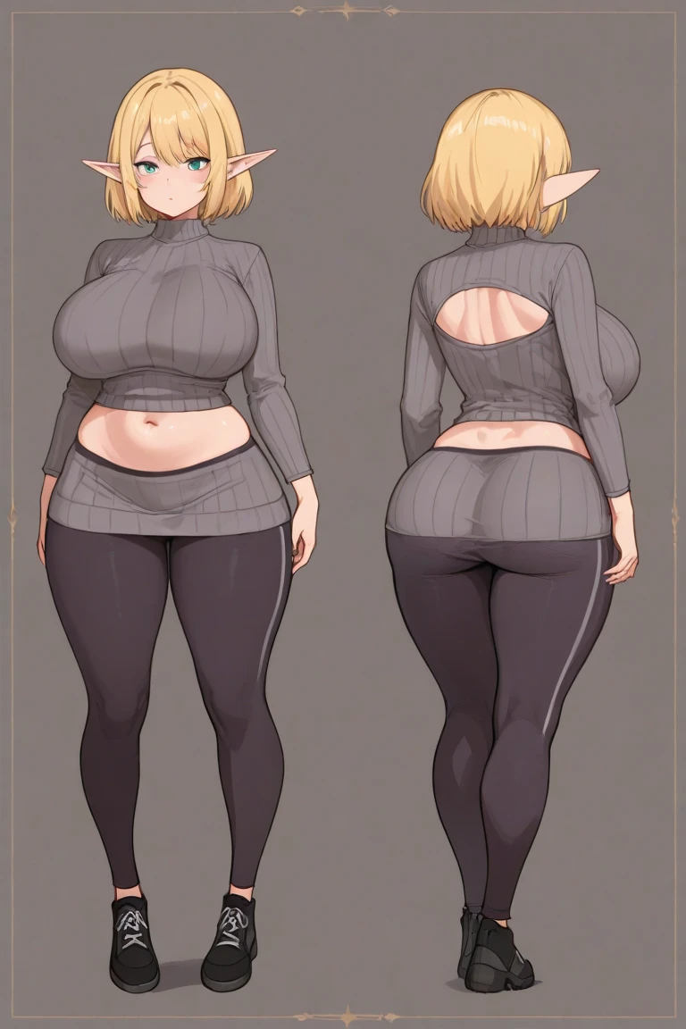 ((melhor qualidade)), ((obra de arte)), (detalhado), rosto perfeito, quadris largos e macios, focus on glutes, big, soft glutes, soft and large breasts marked black leggings, back view, hands with shame, cabelos vermelhos, magra, shy, corada, em plano de fundo VAZIO, with medium breasts, linda