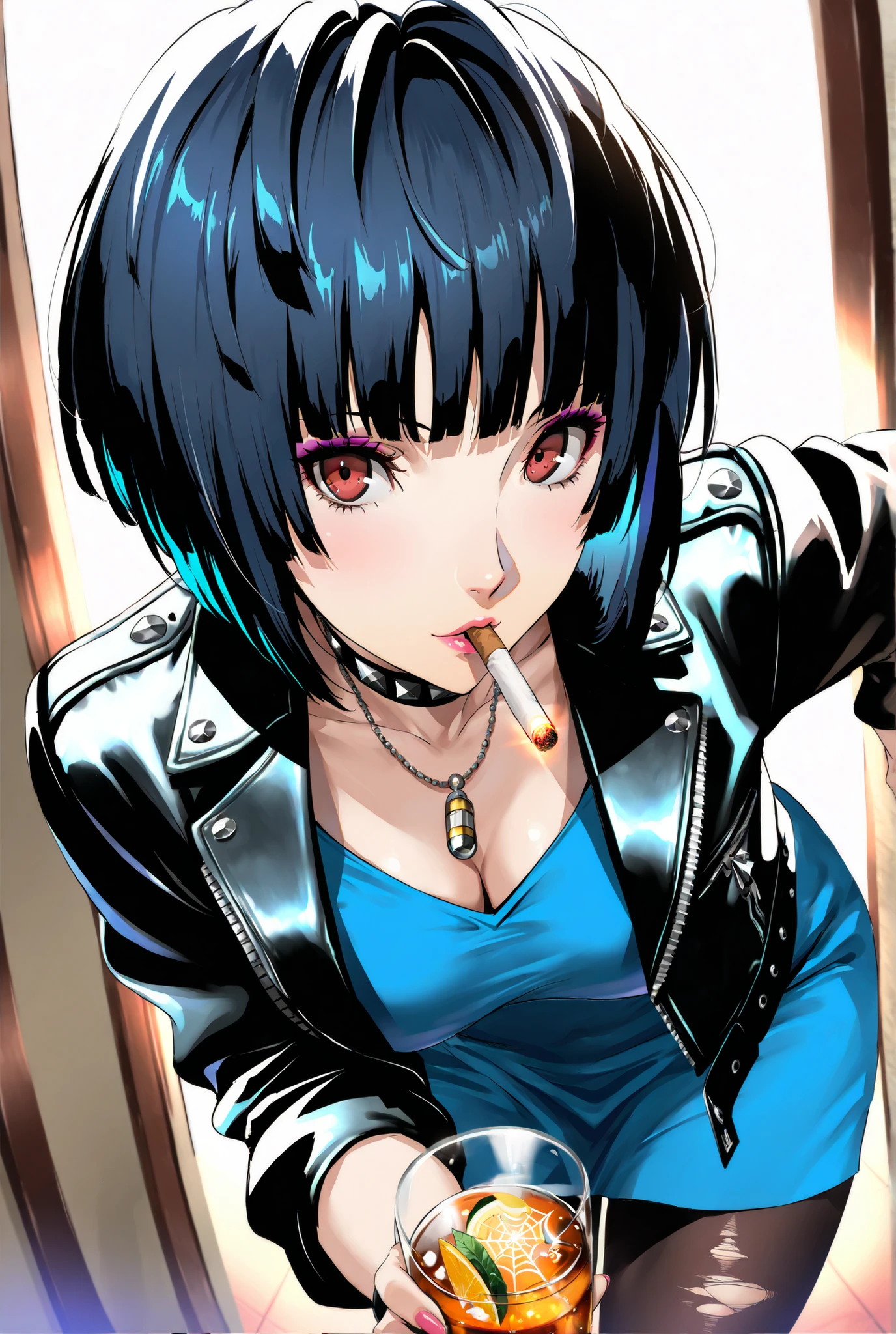 ((masterpiece, Highest Quality, high resolution, CG integrated 8K wallpaper with great attention to detail,ultra detailed)),1Girl,takemicasualp5, short hair, bob cut, black hair, blue hair, choker, necklace, leather jacket, blue dress, spiderweb, ripped pantyhose, makeup, eyelinerPlease hand over the drink while slightly leaning forward,Smoking a cigarette,Persona 5 character Takemi Tae。drinking alcohol。She poses in a  and confident manner、The background is an upscale bar。The lighting is moody and、emphasizes her appeal and  vibe with her facial expressions and gestures。interrogate。