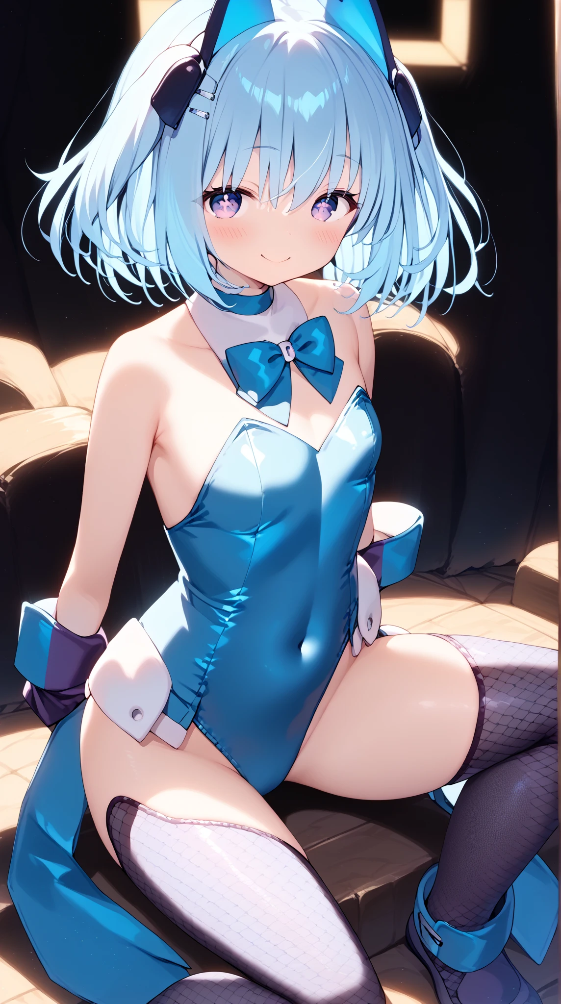 score_9_up, score_8_up, score_7_up, source_anime,high resolution,ultra sharp image, rem, blue eyes, blue hair, hair ornament, hair over one eye, hair ribbon, short hair, x hair ornament, fake bunny ears, high legs leotard,black bunnysuit, bunny tail, detached collar, bowtie, cuff, black pantyhose, black heels, solo, portrait view