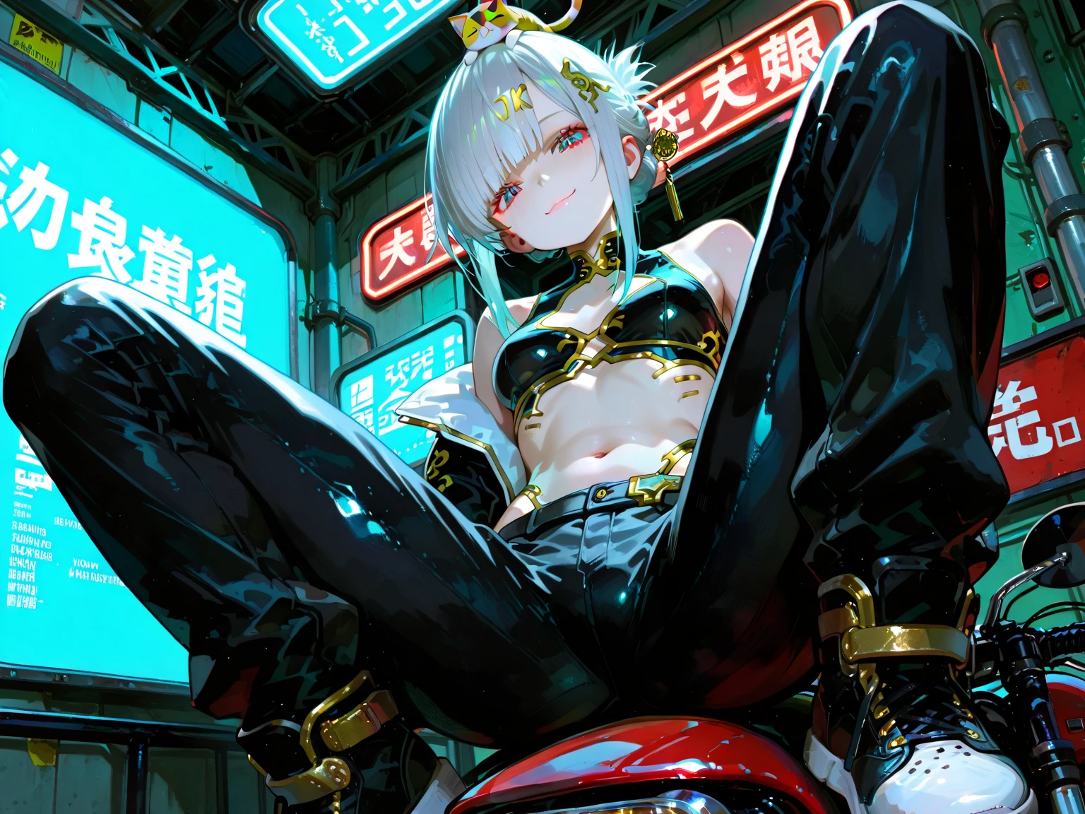 Anime girl sitting in chair，legs crossed, Best anime 4k konachan wallpaper, trending on artstation pixiv, Kantai collection style, Biomechanical OPPAI, white-haired god, trending on cgstation, Detailed digital anime art, Digital cyberpunk anime art, Guweiz in Pixiv ArtStation, author：Shitao, From Arknights