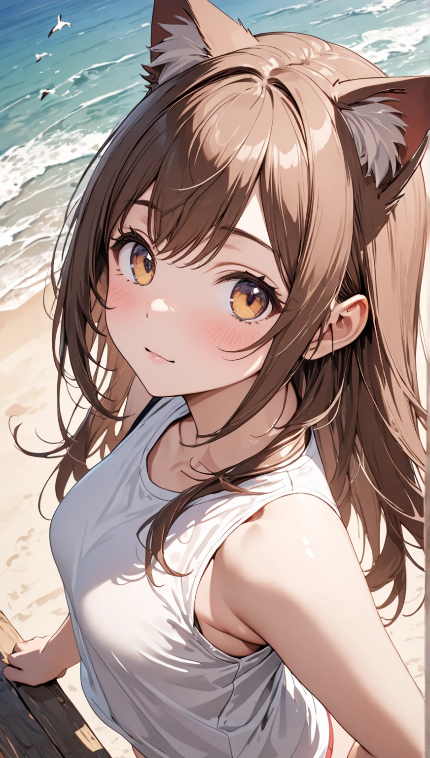 highest quality、High resolution、Detailed Background、(Detailed eyes:1.2)、Teenage beauty、(Highly detailed face:1.4)、(Huge breasts:1.1)、Cute hair color、Cute hairstyle、
At dusk、A young girl is seen taking a walk with her dog, who plays on the beach.。Looking up at the red sky、The sight of her happily running around with her dog、It truly represents the comfort of summer.。
These、A girl enjoying summer in nature、Innocent and adorable、It makes me feel the coming of summer.。An innocent smile、Full of concentration、Relaxed Rest、And fun times with dogs。Truly a summer experience、A lovely view unfolds。