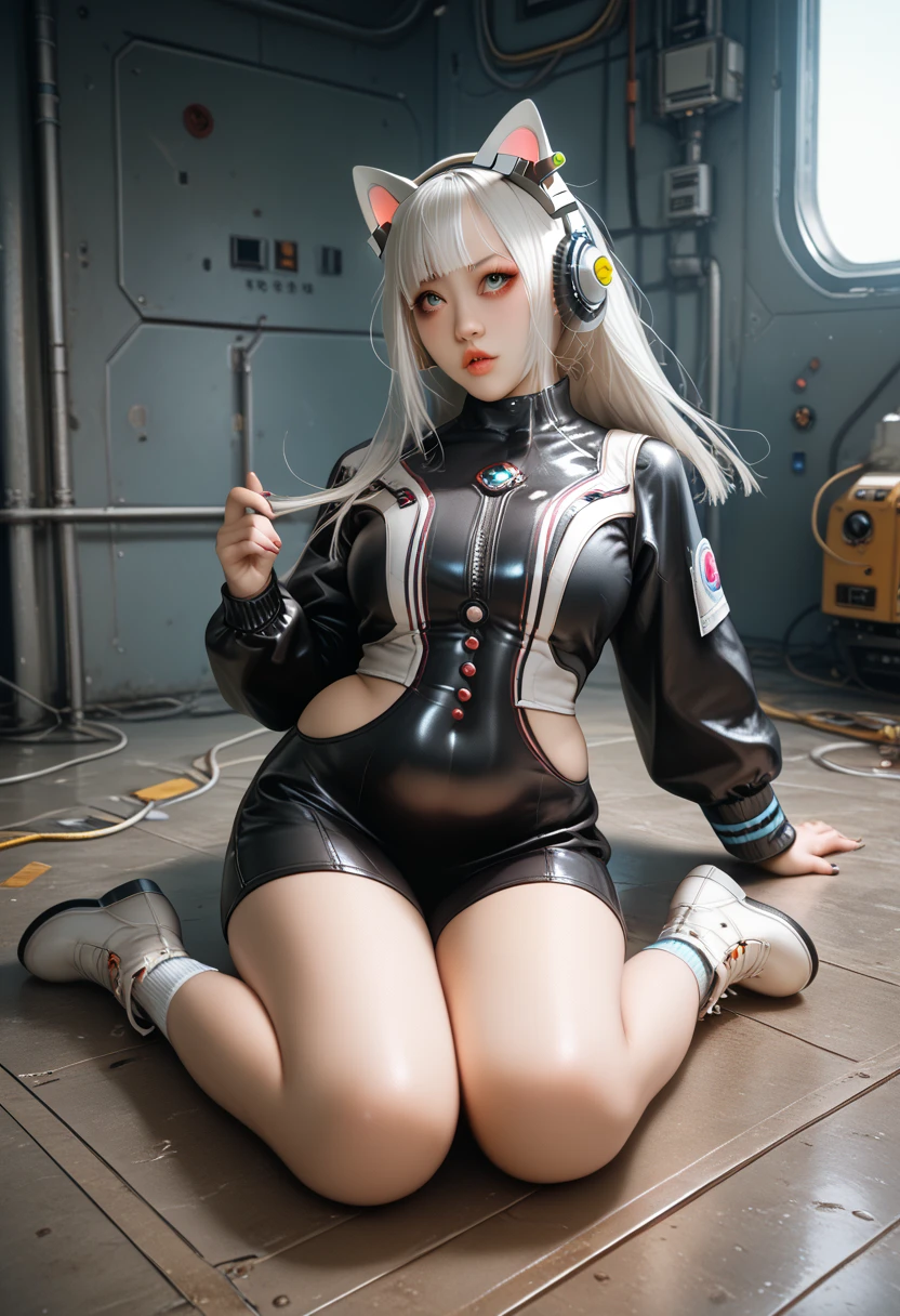 Best quality at best,tmasterpiece,Emilia,Silver Wolf,Rena,Open-chest sexy outfits,cat ear,The duck sits on the bed ,Bigchest,D-cups,Middle opening,Shadows loom,wide open thighs,There is a milky white liquid at the corners of the mouth and tongue,The mouth is O-shaped,Tongue exposed ,solo person,high qulity,whaite hair,wistful expression,Face the camera from a short distance,Height 165,Juvenile ,Kind of rolling your eyes,There is a blush on the face,fever, Sweat,Fingers on the chest and below the white hair, silver hair, purple hair, colored inner hair, gradient hair, asymmetrical hair, hair bun, mole under eye, heart-shaped pupils, rolling eyes, cat ears, open mouth, shy, blush, drunk, tongue, saliva, tongue out, pain, unconscious, ear blush, seductive smile, chiaroscuro, bloom, glowing light, 4K, UHD, masterpiece, textured skin --auto