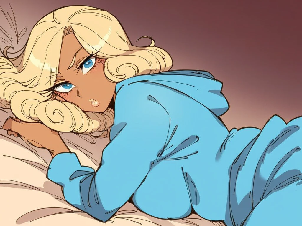 masterpiece, 1girl, kuramitsu mihoshi, blonde hair, dark skin, pink pajamas, holding pillow, sleep position, bedroom, sleeping, closed eyes, laying down, bed, laying in bed