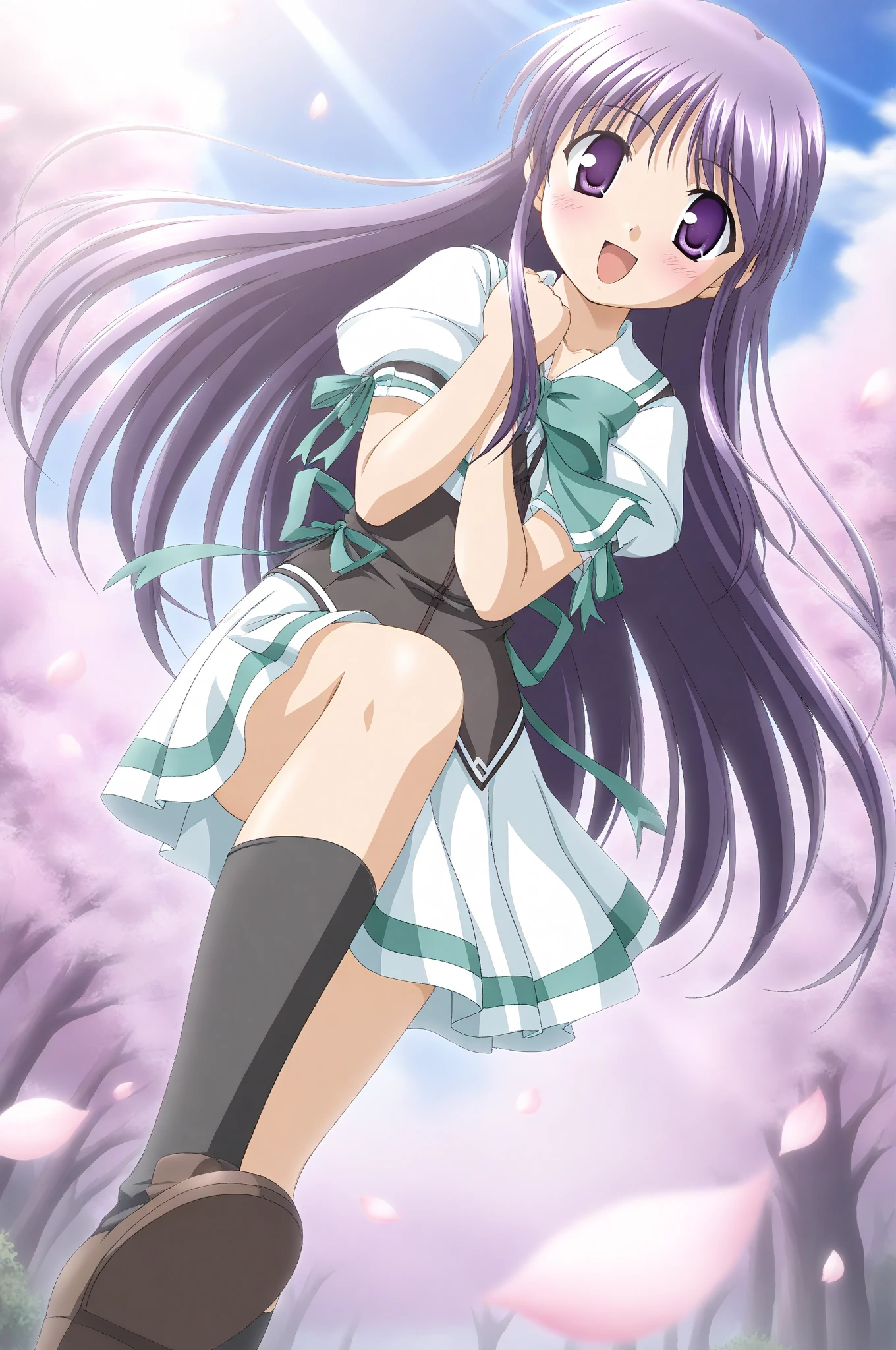 winona from pokemon, black hair, purple feathers in hair, blue skirt, white thigh highs, standing in the wind, white gloves, hill, trees