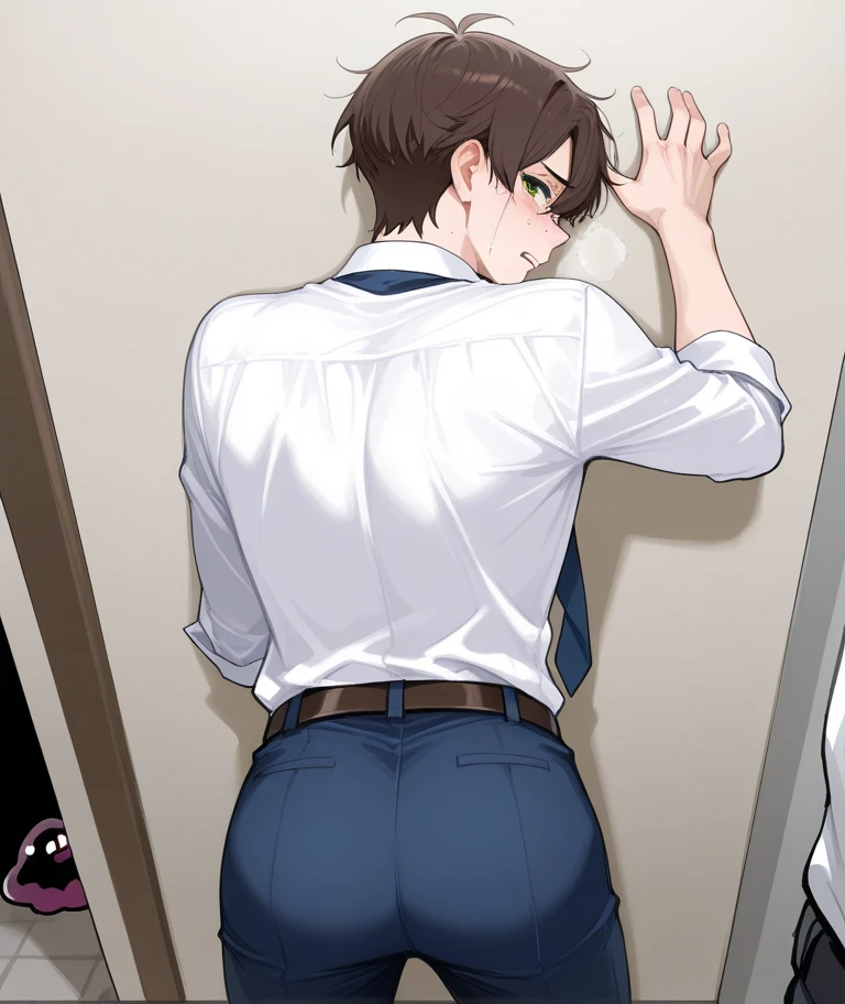 (Detailed Background), ((Are male)),short hair, Dark brown hair, green eyes, white shirt,navy blue necktie,slacks,poop,(Poop is soaking into my pants),My pants are bulging due to poop,crying,is holding down my stomach,slouching forward,sticking out the butt,view from behind,back to viewers,Over my shoulder,she is leaning against a wall,painful face