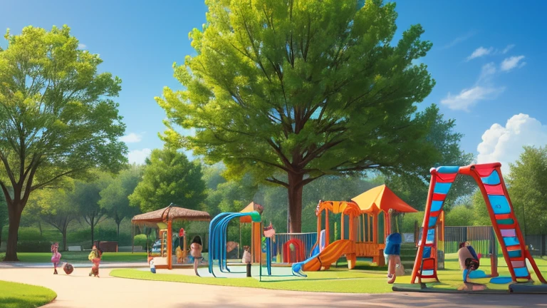 best quality, realistic, children play ground, colorful, joyful, atmosphere, sunny day, playing on swings, sliding down the slide, climbing on the jungle gym, green grass, blue sky, playground equipment, sandpit, playful atmosphere, outdoor activity, vibrant and lively scene, carefree and innocent, sandbox, swings swinging high, children's laughter filling the air, tag game, skipping rope, fun-filled afternoon, playground supervision, playing tag, roundabouts spinning, tricycle race, climbing frame, adventurous spirit, exploring the playground, boundless energy,