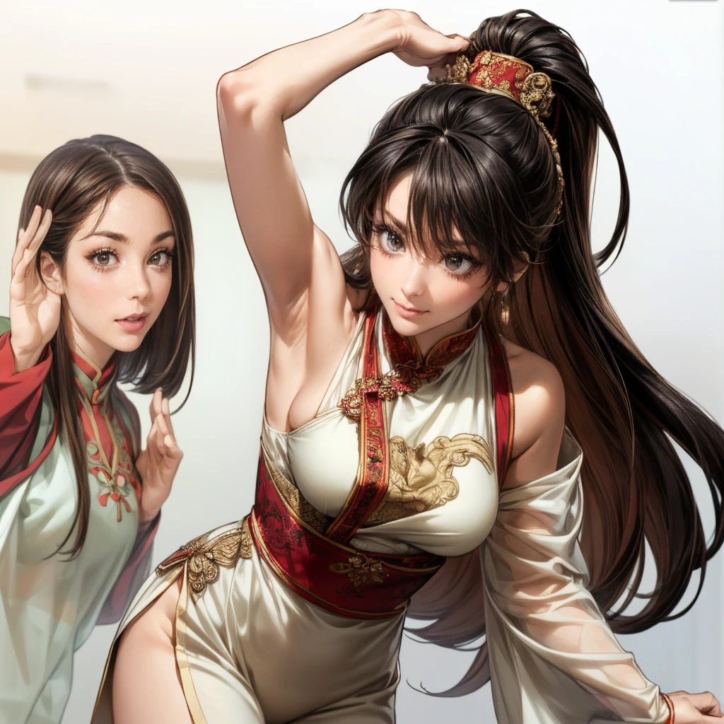 top-quality、tmasterpiece、Very high resolution、super high image quality、High-quality pixels)、perfect eyes, perfect face, perfect body figure,solo,8K, large breast,(Detailed description of hair), (Detailed description of face),(Detailed description of body), fair and clear skin, matchless beauty, long legged, light pink hair details expressed, The details have been upgraded, brown hair, twin ponytails, brown eyes, full-body chinese cheongsam
