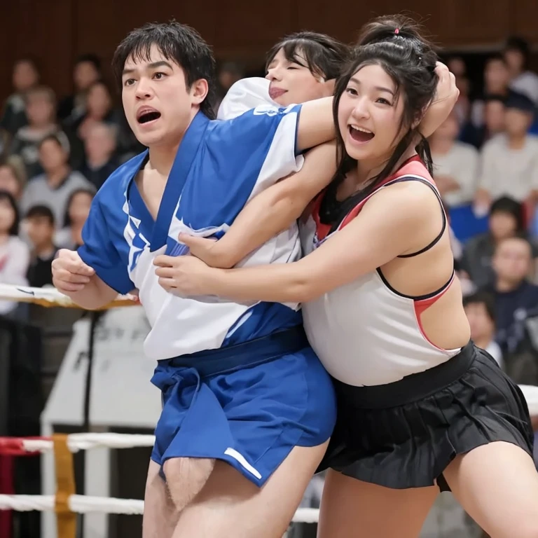 15 year old boy and 15 year old girl Shorts Sumo competition Doing it on the lawn Slim figure Interlocked Showdown sumowrestling Skinny guy Middle school students