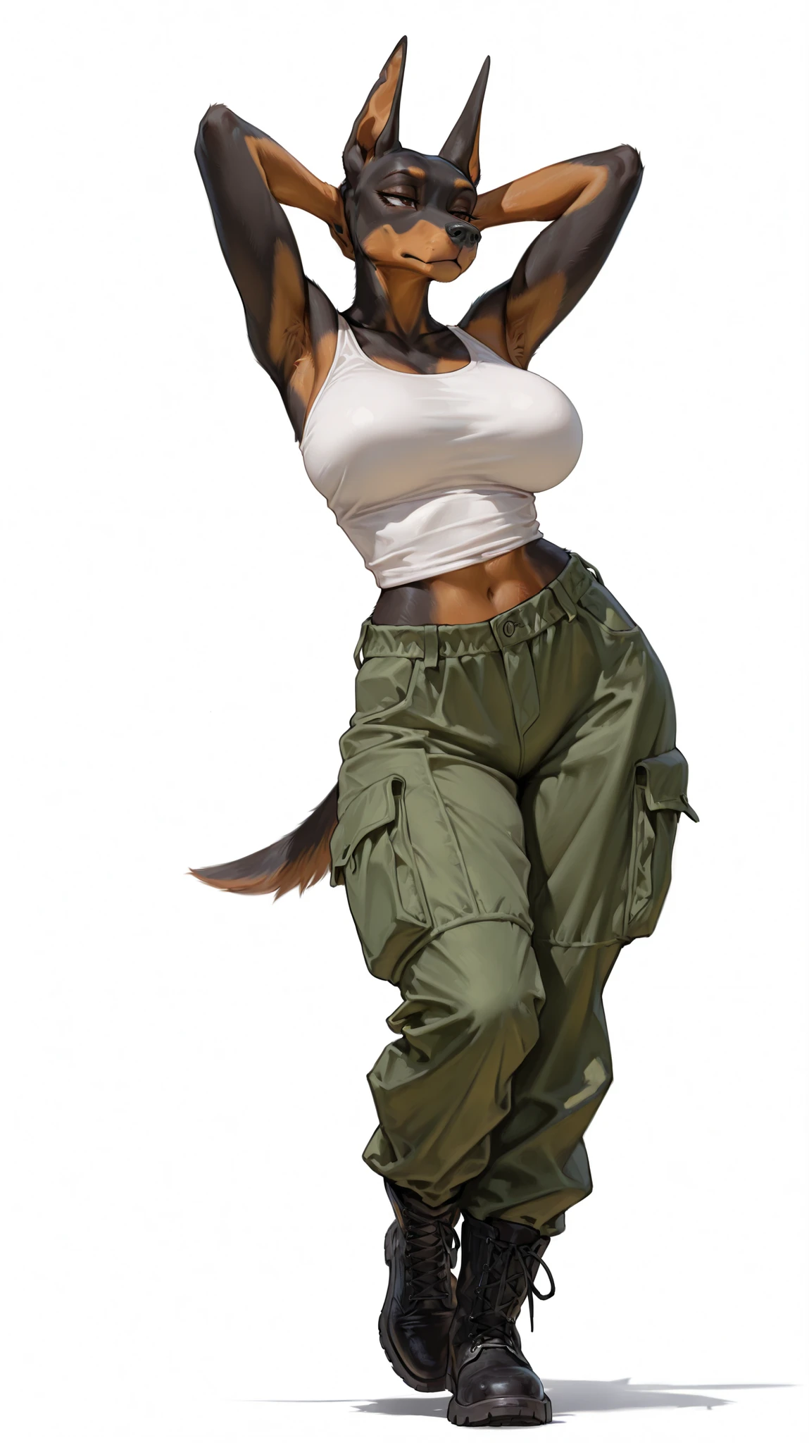 masterpiece, best quality, amazing quality, very aesthetic, high resolution, ultra-detailed, absurdres, newest, brown eyes, doberman, big breasts, pointed ears, black eyes, bored, fluffy tail, paws, claws, full body, white background, BREAK, photorealistic details, volumetric lighting, thick highs, wide hips, furry, anthro, arms crossed, half-lidded eyes, (green pants, cargo pants, white tank top), black boots