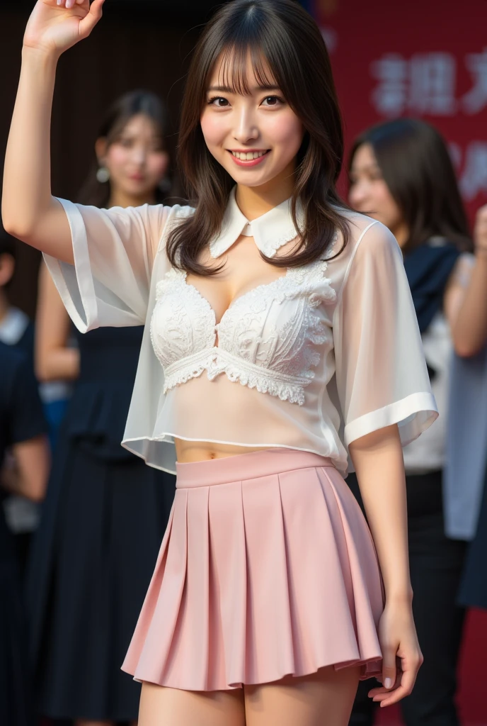 extremely detailed CG unity 8k wallpaper, best quality, ultra-detailed, masterpiece, realistic, photo realistic, extremely detailed cute girl, 20years old, (skirt lift), ((skirt lift by myself)), white panties , panties focus, blush, parted lips, looking at viewer , half body shot , wearing frilled shirt , crowd, crowded city,