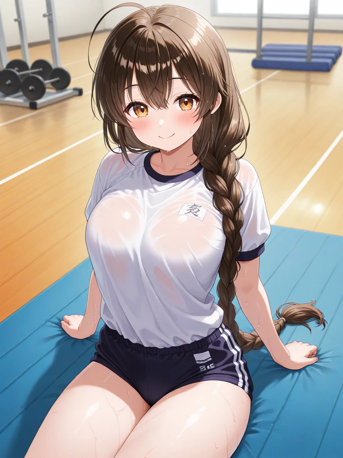 human, ((1girls)), 18 years old, beautiful, ponytail, brown hair, black eyes, black gayo outfit, Z cup breasts, tight shirt, Spread your legs wide behind, brown skin, fair body, 1m78, gym, deserted, Pov, ((Takeda Hiromitsu style)), shy feelings