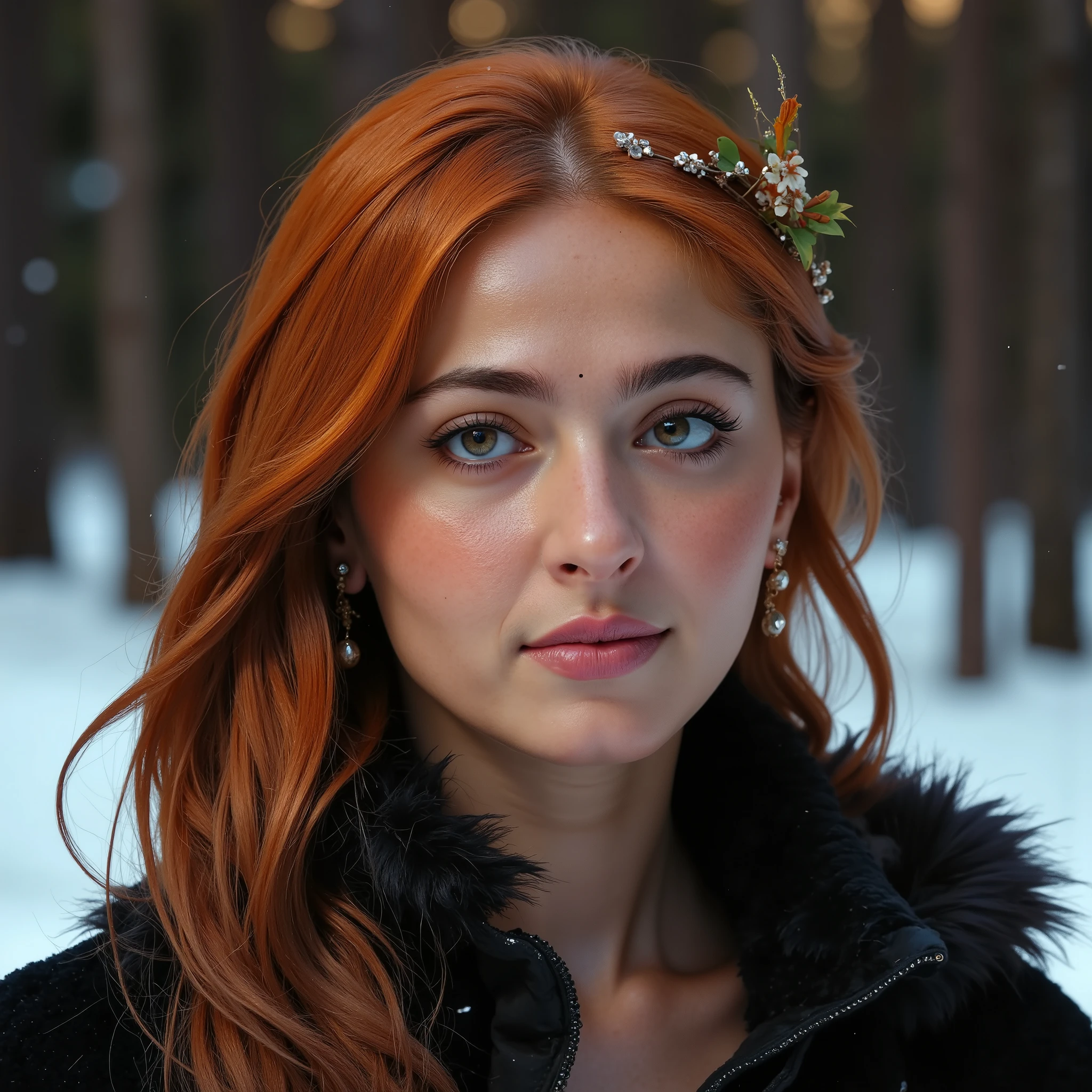 foxie european woman, ginger hair, winter forest, natural skin texture, 24mm, 4k textures, soft cinematic light, adobe lightroom, photolab, hdr, intricate, elegant, highly detailed, sharp focus, ((((cinematic look)))), soothing tones, insane details, intricate details, hyperdetailed, low contrast, soft cinematic light, dim colors, exposure blend, hdr, faded , ULTRA REALISITIC, PHOTOREAL, NATURAL SKIN TEXTURES, 16k
,Anushka Shetty