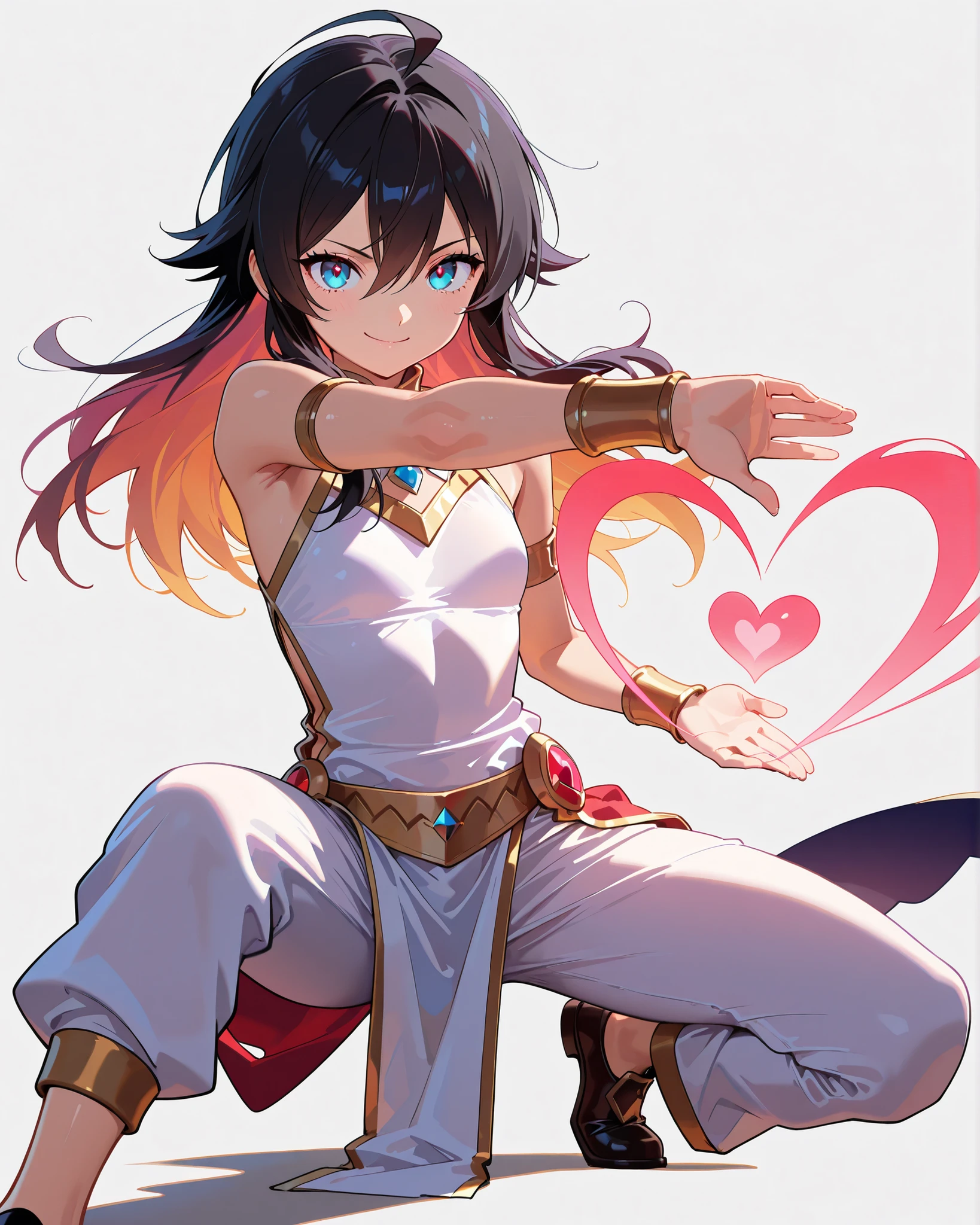 masterpiece,Highest Quality,Super Detailed、high definition、8k Quality、toned body、Cloth clothing、fantasy、simple background、throwing、Dress、Robe、long pants、stand on one knee、Heart in hands、Smile Yan、upper eyelid