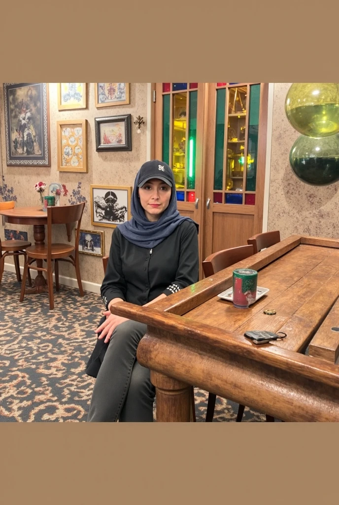 1 lady, wearing a brown colour sweater, wearing a long black jeans, sitting in a cinema, (wearing a peach hijab), hijab covers her whole hair,(huge breast 1.6), sweet, thin waist, half body selfie shot, casual pose, (dark background)