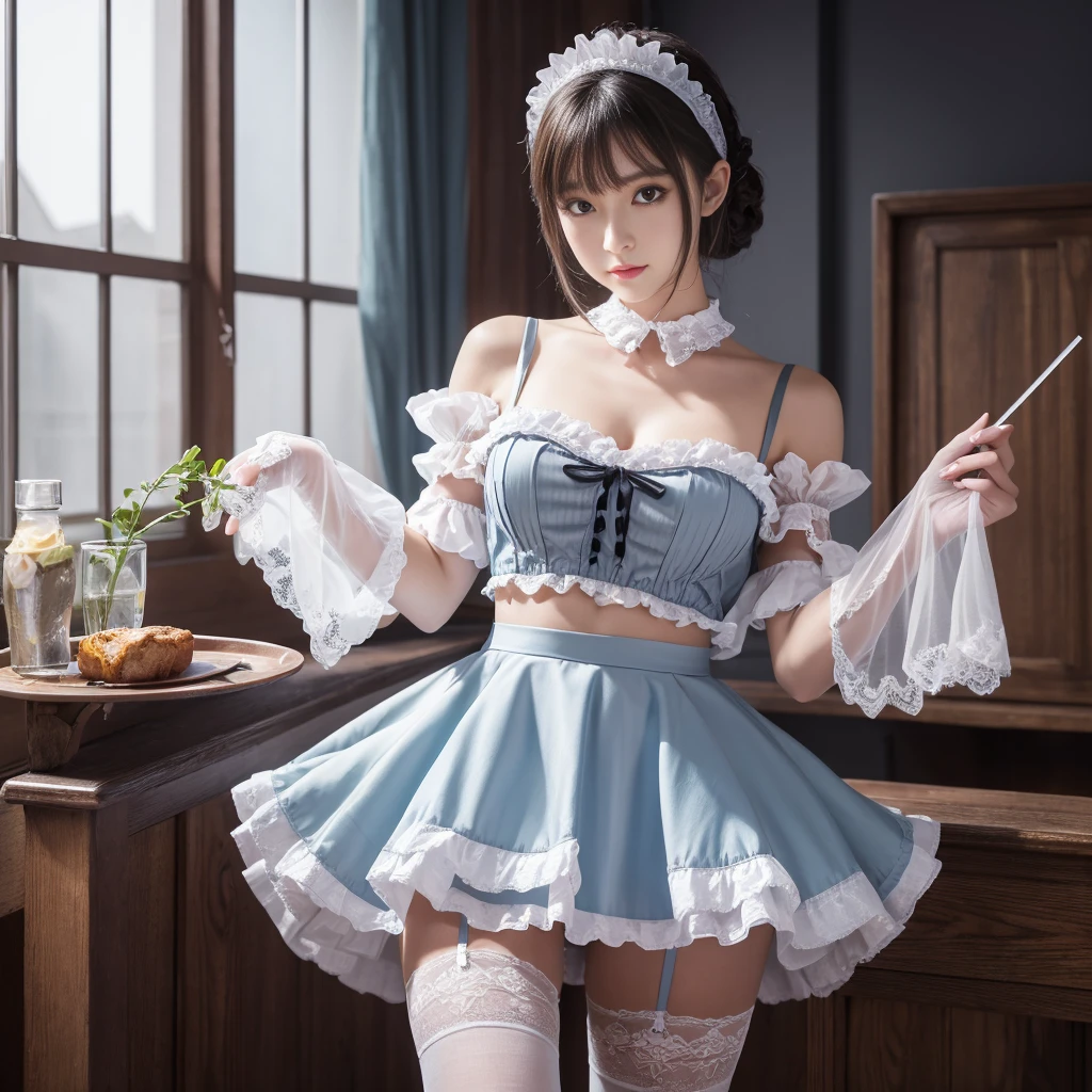 (Close-up:1.4)、(RAW shooting:1.2)、(photorealistic:1.4)、(masterpiece:1.3)、(highest quality:1.4)、solo、7 head and body、(slender and beautiful girl)、cute、(beautiful detailed eyes)、(charming big eyes)、(beautiful double eyelids)、(beautiful and detailed face)、(smile full of joy:1.3)、(Medium chest:1.2)、(cleavage)、(erect nipples:1.2)、(full body shot)、8K、(muste piece:1.2)、(pale blue hair、short bob:1.3)、(Bangs Patsun)、(headdress、white blouse、black ribbon、White Apron、ruffle skirt、puff sleeves、collar、choker、apron with fine ruffles：1.3)、White Knee High Socks、black maid costume、(Sexy model pose with chest sticking out:1.3)、cowboy shot、view audience、(small butt)、(beautiful hands)、(beautiful thighs)、cute系、(perfect anatomy:1.2)、ancient city、