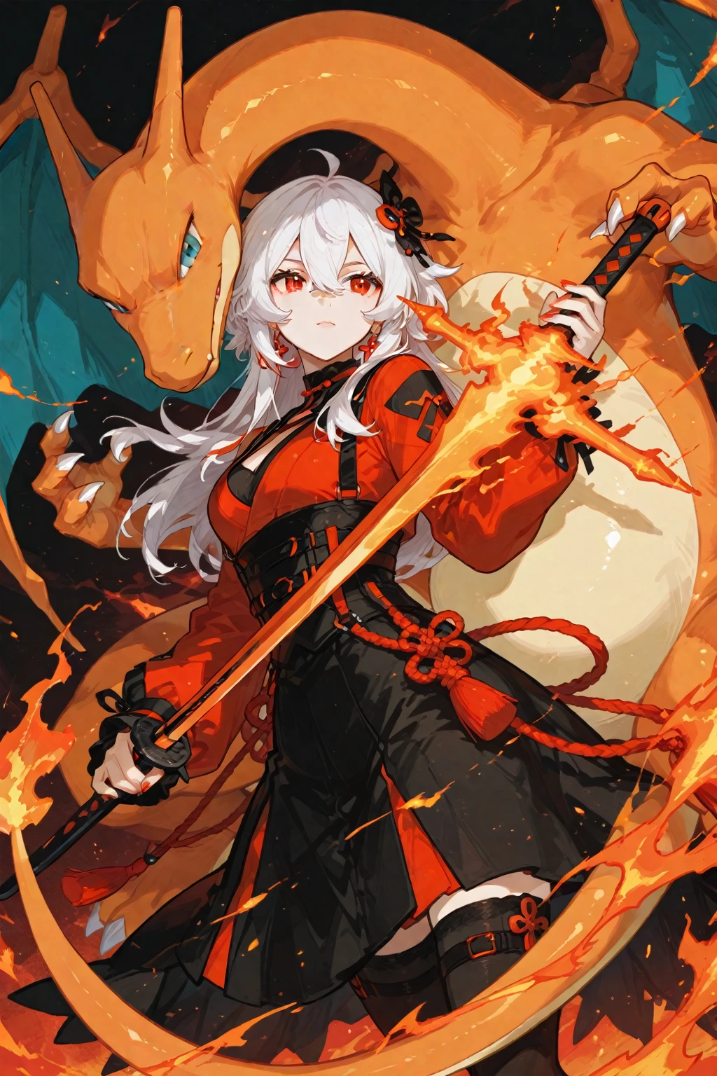 best quality, masterpiece, highres, solo, {reed_arknights:1.15}, horns, long_hair, dragon_horns, ahoge, bangs, blonde_hair, upper_body, blue_eyes, tail, breasts, white_hair, green_eyes, 1girl, black_sweater, dragon_tail, jacket, sweater, white_background, dragon_girl, gloves, ribbed_sweater, simple_background, fire, thighhighs, white_jacket, black_gloves, flame-tipped_tail, looking_at_viewer, black_thighhighs, open_clothes