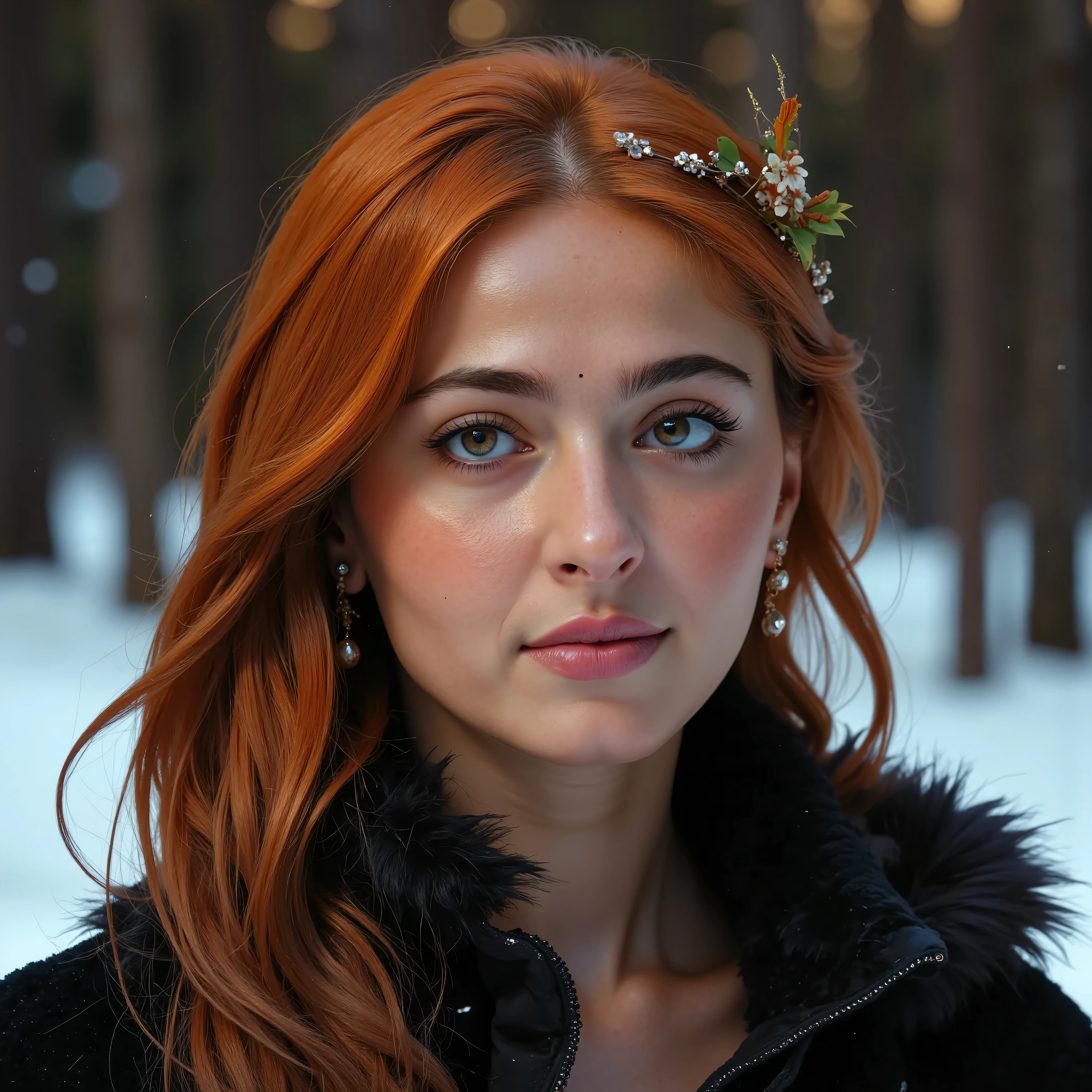 foxie european woman, ginger hair, winter forest, natural skin texture, 24mm, 4k textures, soft cinematic light, adobe lightroom, photolab, hdr, intricate, elegant, highly detailed, sharp focus, ((((cinematic look)))), soothing tones, insane details, intricate details, hyperdetailed, low contrast, soft cinematic light, dim colors, exposure blend, hdr, faded , ULTRA REALISITIC, PHOTOREAL, NATURAL SKIN TEXTURES, 16k
,Anushka Shetty 