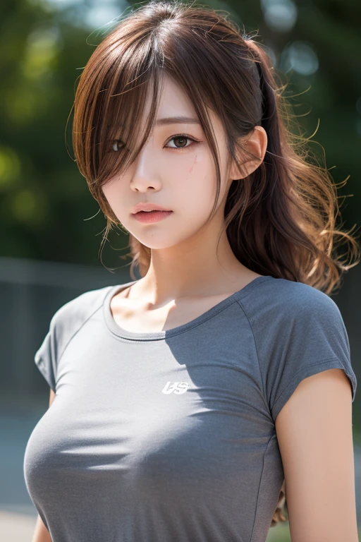 masterpiece, best quality, ultra-detailed, extremely detailed, 4K, 8K, best quality, beautiful, japanese girl, a pretty girl, solo, (fitness wear), (short sleeves), beautiful light brown hair, beautiful brown eyes, beautiful eyes, long hair, ((large breast)), nipple, (out of breath), (painfull face), ((running)), wind effect,
