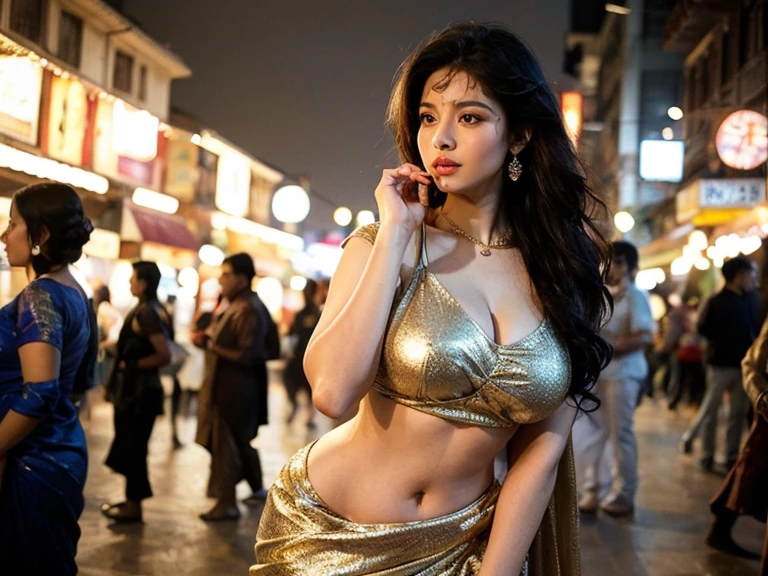 (((desi girl))), chubby face, natural fair skin, wearing hot deep neck top and dupatta, charming black hair, ((hair ends are blonde)), huge breasts, deep cleavage, holding balloons, in metro station, bokeh