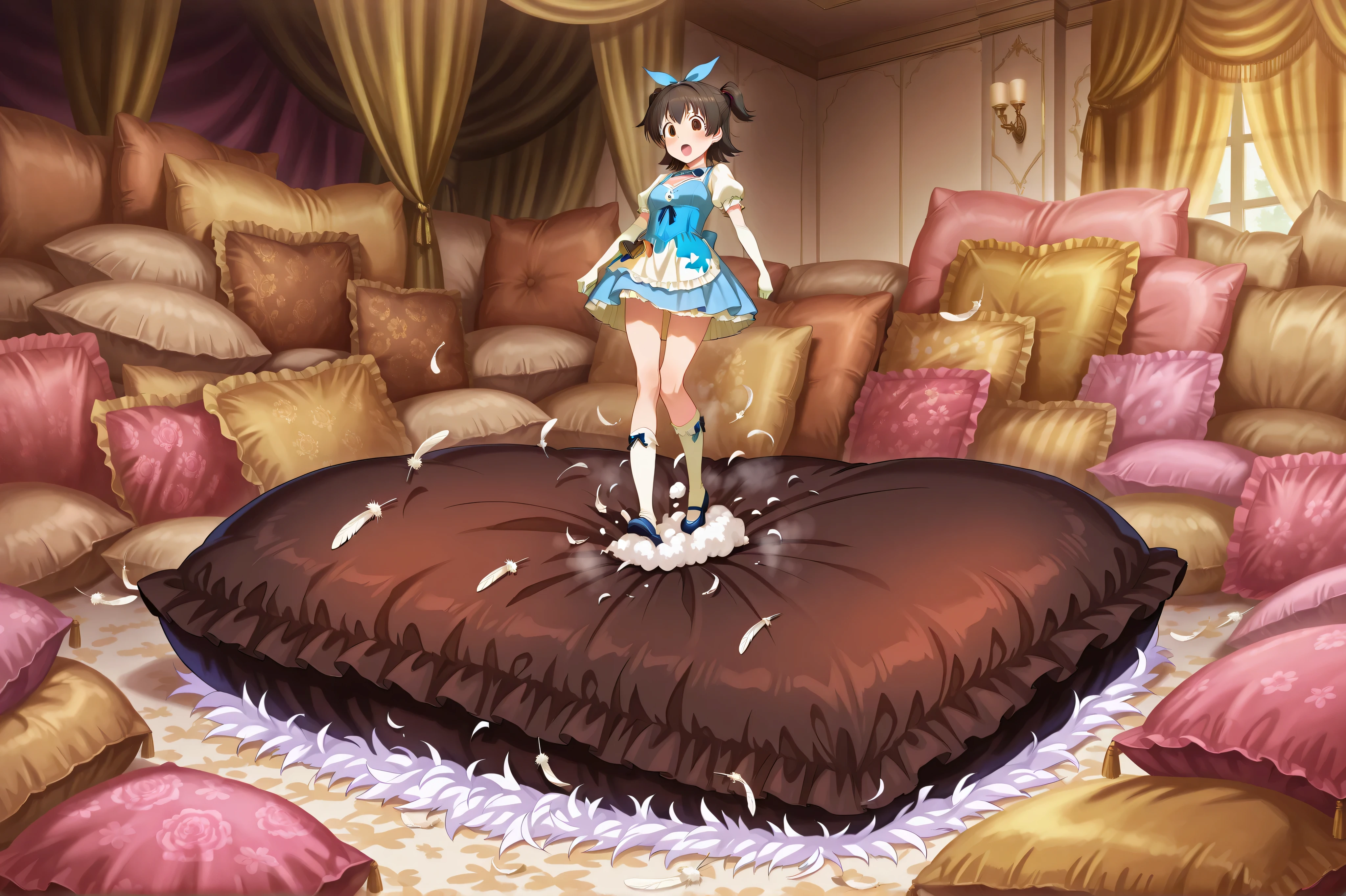 (score_9:0.9),score_8_up,score_7_up,negative_hand, realistic,Akagi_Miria_Cinderella, short hair, black hair, brown eyes, two side up, hair between eyes , lovely small breasts , alice dress, alice in wonderland dress, over elbow glove, satin, 1girl, solo, nsfw, full body, whole body view, open mouth, indoors, luxury room,pillow, frilled pillow, (((dark brown satin pillow))), lace pillow, euro patterned pillow,exquisite pattern pillow, luxury pattern, Pillow on the floor, many large pillows on everywhere, canopy, large pillow, (((giant pillow))), oversize pillow, pile of pillows at the background, pile of pillows on the floor, many pillows on everywhere, deflate , deflating pillow , stomping pillow on the floor , feathers , feathers everywhere , feathers stuffing pillow , stomping pillow , stomping down on the pillow , abuse , abusing pillow , stepping , stepping on the pillow , stomping down the pillow , violating the pillow , pillow damage , ripping pillow , destroy pillow , damage mark on the pillow , straight stomping on the pillow , standing , (((stomping impact on the pillow))) , stomping object , direct stomping on the pillow , normal eyes , scattered feathers , torn pillow releasing feathers , pillow stuffing , torn fabric of the pillow , feathers mess , pillow in laying position , far view , source_anime , official anime artwork , screencap , anime screencap , rough action , free hands , palm hands , square pillow , euro pillow , high hells, anime source, anime screencap, base on anime, far view