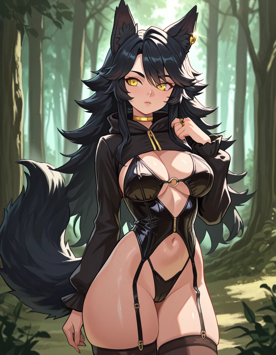 masterpiece), best quality, highly detailed painting,deep eyes,perfect eyes,detailed eyes, perfect face, (milf), (mature female), wolf ears, bushy tail, ((fur)), (pale skin), (dark blue hair), (big hair), (messy hair), bikini, ((red lips)), crazy smile, (yellow eyes), crazy eyes, ((open mouth)), (large breasts), (yellow eyes), (thighs), navel, spiked collar, hand cuffs, (chains), (paws), (animal hands), arm gloves, fur trim, cave, forest , woods, night, moon, amazing art, highly detailed background, absurdres, extreme details,