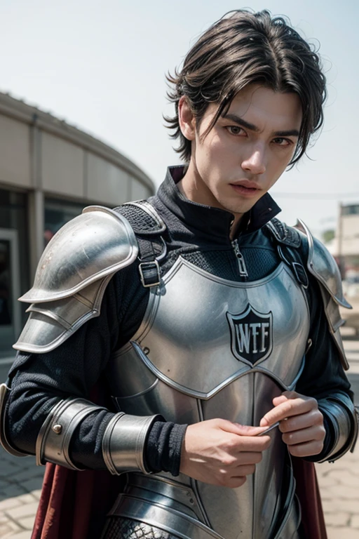 Realism, master-piece, intricate detailed, detailed background, deep depth of field, muscular, Photograph of a handsome young man (wonwoo of seventeen looks like a K-pop idol), 20yo, rubber collar shirt, Shiny latex, Combat stances, Dynamic Poses, Andante, Spanish, Full-length portraits, Black Boots, Hold a bow., There is an arrow on the back., On the streets of the medieval city, (short white hair), It has a touch of mystery and magic., Dark clouds, and lightning fell to the ground. Pao complains, Fair-skinned, pale,