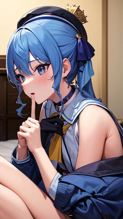 Young girl with blue hair,short straight hair and short bangs (purple eyes),, ((small bushy eyebrows)), wearing gothic lolita clothing, lolicon , medium large breast, breasts out of blouse, to school, bored look, bored face,, girl sucking penis cum bubbling out her mouth, in a street, girl giving a deepthroat blowjob to male, multiple vignettes