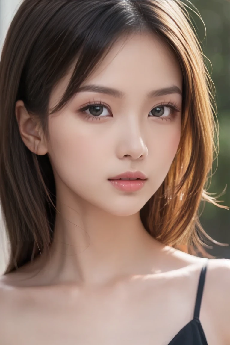 masterpiece, best quality, RAW photos, high resolution, hyper-detailing, Focus on the face, looking at viewer, Detailed eyebrows, realistic beautiful eyes, realistic glossy skin, straight Bangs, realistic movie lighting, detail shaded, high contrast, Slender, big boob, Big breasts, Exposed cleavage, nsfw, Sexy face, Facial expressions when receiving pleasure, ((Dark background)),