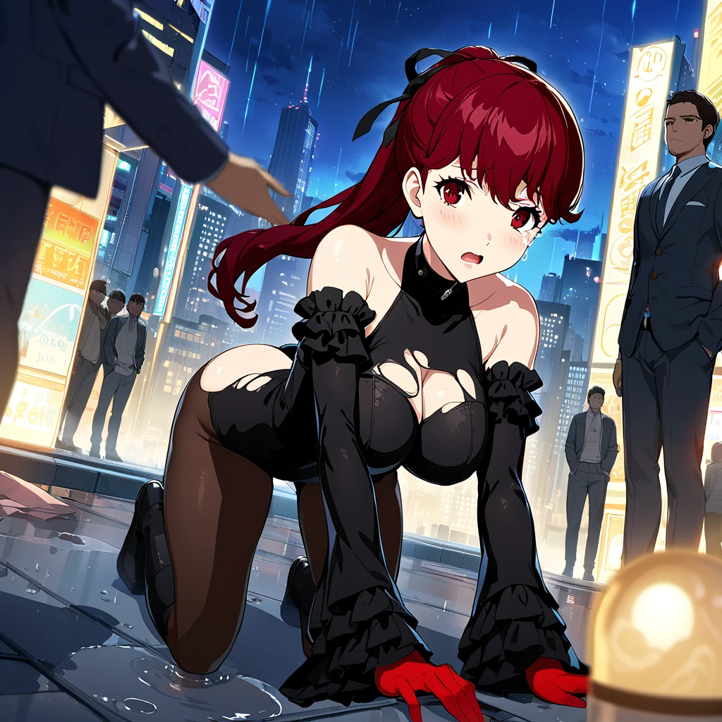 a beautiful, busty, redhead, (bunnysuit, bunny ears headband, black lace thong, Fishnet Stockingull body shot, back to viewer, looking over shoulder, high heeloody background, dark, nightclub, strip_club_venue, crowds, female strippers in background, men watching redhead)