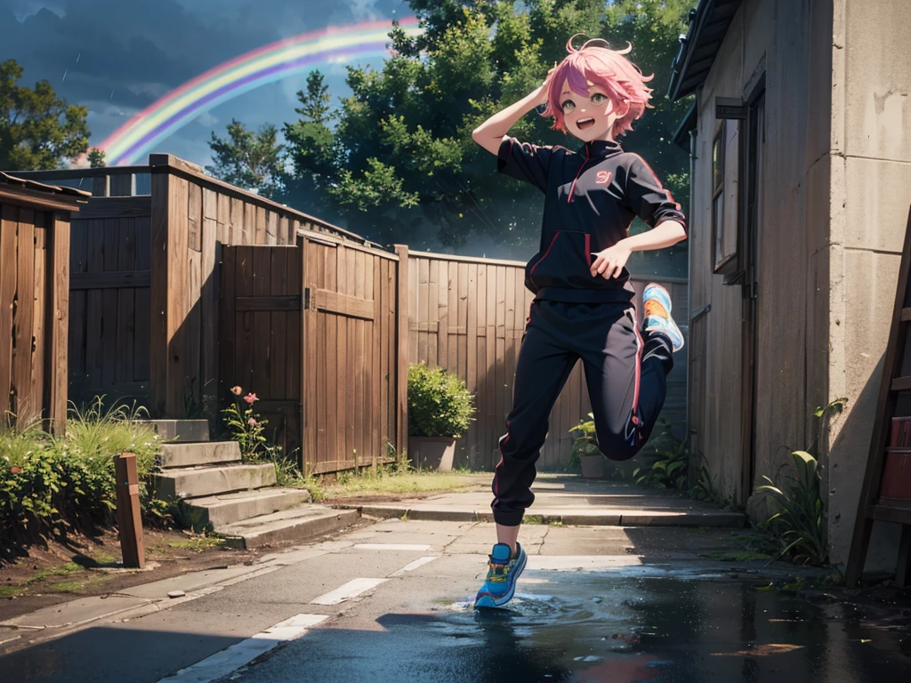 High Quality, Masterpiece, 1girl, IncrsAllgtrMeme, crocodile, kicking, water, standing on one leg, <lora:KickingAlligatorMeme:1>, <lora:bocchi_gotoh:1>, gotohdef, one side up, cube hair ornament, pink jacket, track jacket, long sleeves, skirt
