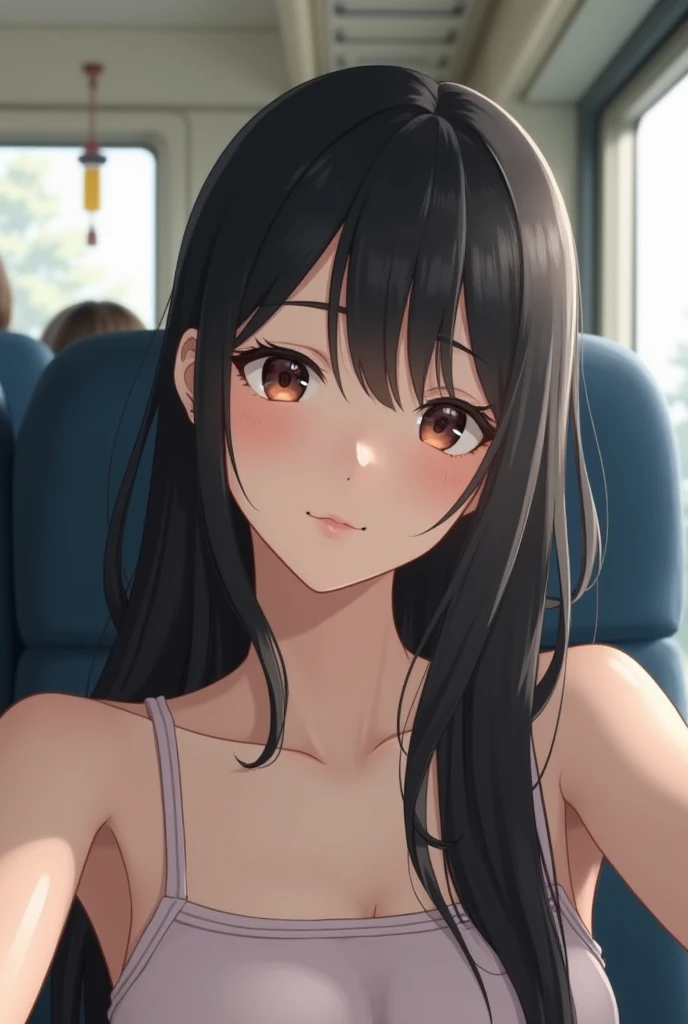 A girl with short black hair and small breasts has her black skirt and floral bra unhooked on a train, and a molester is massaging her breasts under the floral bra with both hands, causing her to cry in disgust.