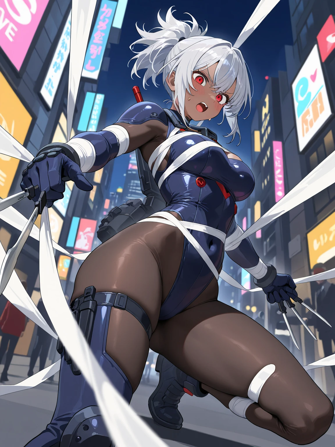 ultra-detailed, Explicit, Beautiful body, Beautiful Nose, Beautiful character design, perfect eyes, perfect face, ultra highres, 4K, beautiful legs, perfect legs, perfect anatomy, Nice hands, Perfect hand, Masterpiece, Best Quality, Highly detailed, illustration, absurdres, street fighter, doll suit, shadaloo doll, dollsuit, expressionless, blank eyes, looking at viewer, red gloves, emotionless, black latex, corrution, mind control, female combatant, full body, hypnotized, unhappy trance, full body suit, ribbed bodysuit, both arms at side, obey, perfect female body, extremely glossy latex, hypnosis, hypnoLora, empty eyes, Mind control device, poses, submissive_pose, Slave, hat, necktie, stand up straight, standing, standing at attention, hat, necktie, belt, latex, ribbed bodysuit, thighhighs, garter belt, Fighting Stance, military, thigh boots, 1girl, solo, Sakayanagi Arisu, Classroom of the Elite, staff, white hair, purple eyes, medium hair, braids, hair ornaments