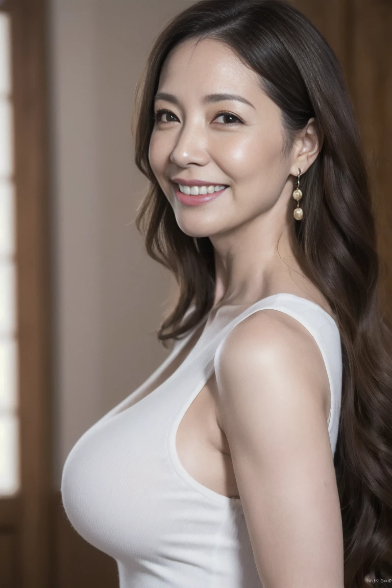 White background、Realistic（masterpiece、Highest quality）、Long Hair Woman、Hair color is dark brown、Japanese mature woman、smile、whole body、Large Breasts、Emphasize the chest、Belly button showing、45-year-old woman、Mature Woman、Pure white background