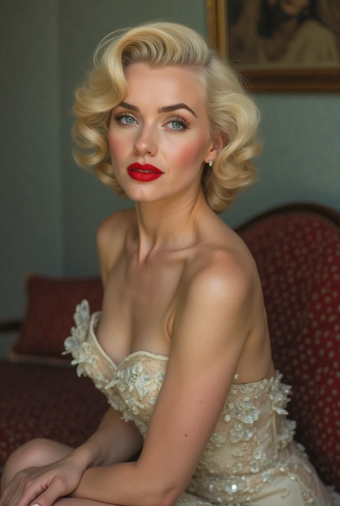 an analog photo of Marilyn Monroe at home in 1962, realista, raw, 8k