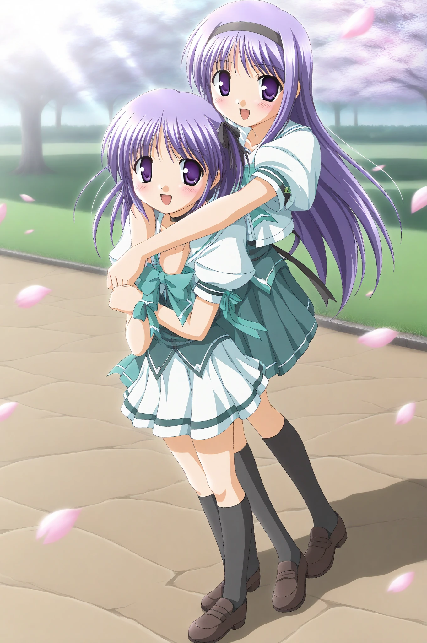 (((1girls・2girls, twin tails, river, playing in the river, swimsuit, playing)))、White ribbon