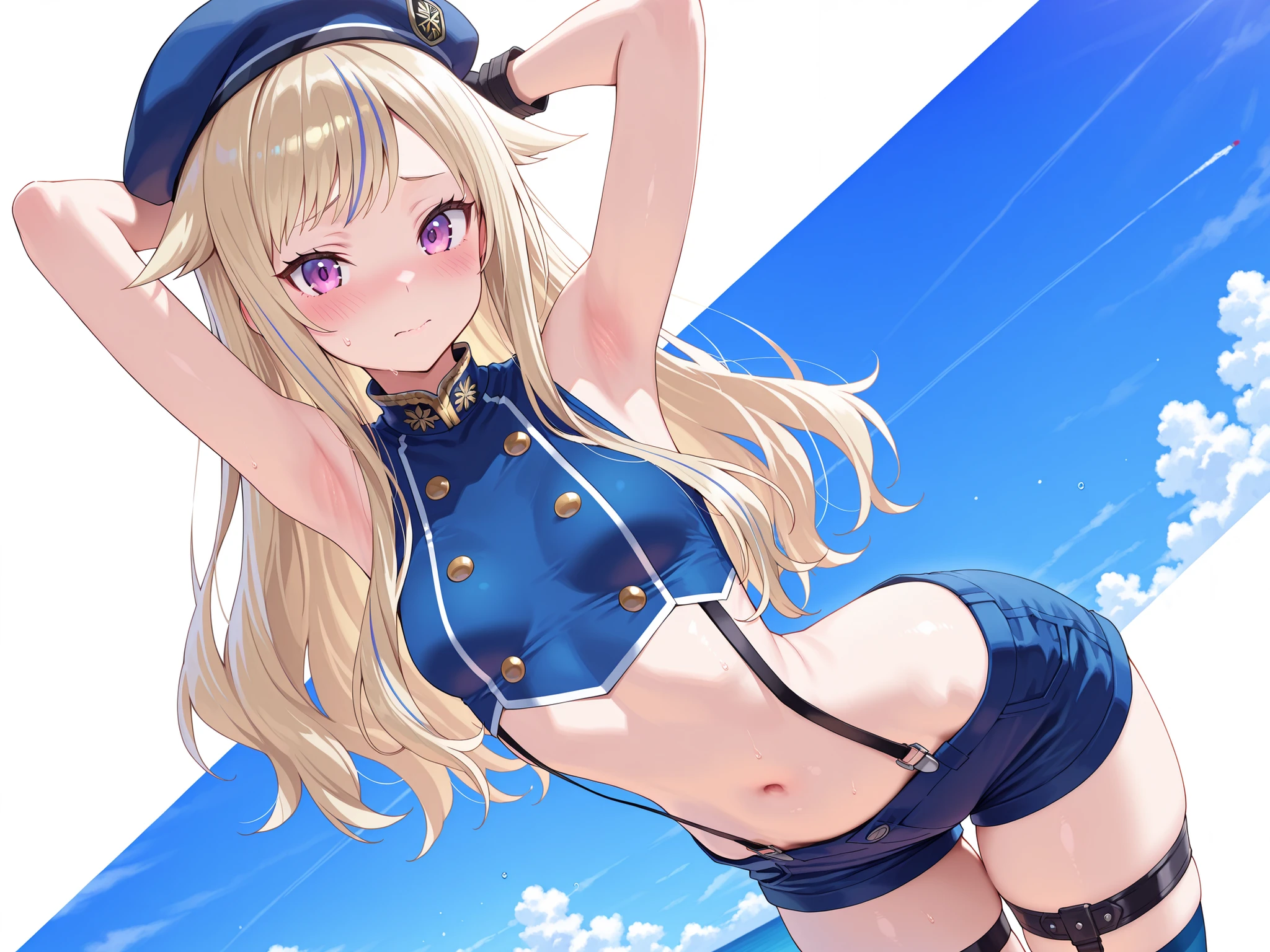 masterpiece,(ultra-detailed),1girl, mysterious heroine xx \(fate\), half_eyes,smile,open mouth, swimsuit, white bikini, side-tie bikini bottom, shrug \(clothing\), jacket, thigh strap, wristband, large_breasts, ocean, splashing,blonde_ponytail,open_legs,cap,happiness,dynamic_jumping